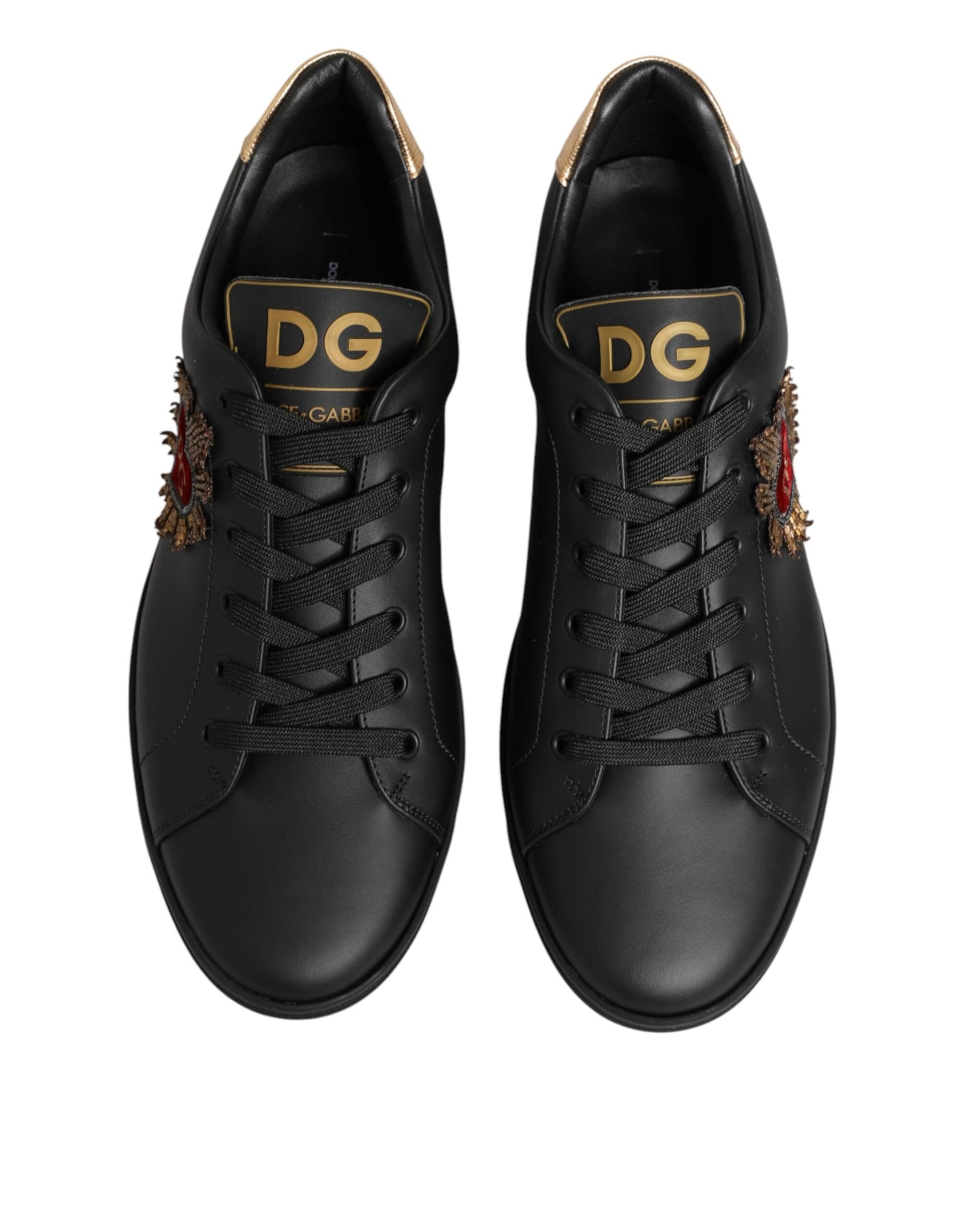 Dolce & Gabbana Black Leather Heart Embellished Sneakers Shoes - 2