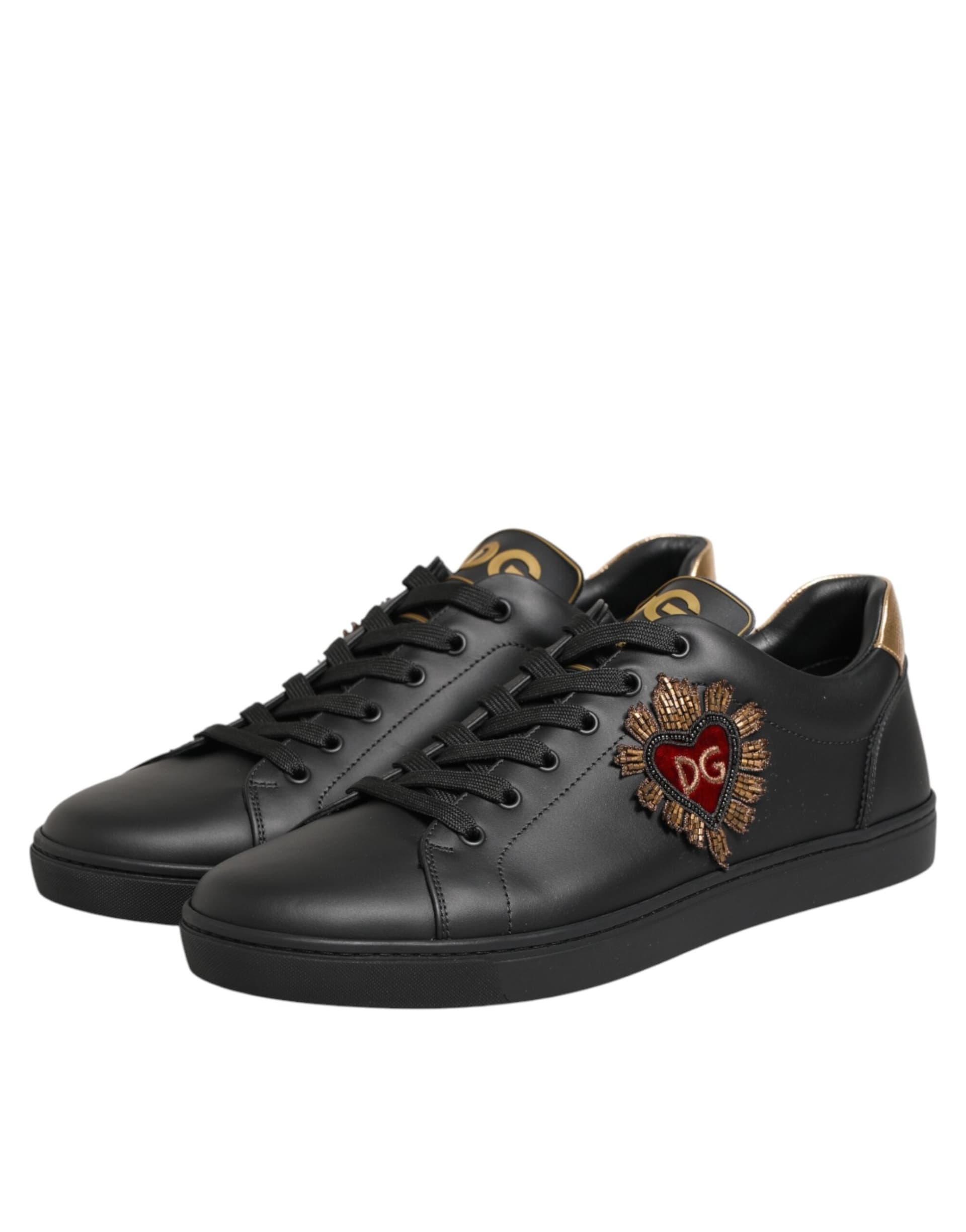 Dolce & Gabbana Black Leather Heart Embellished Sneakers Shoes - 3