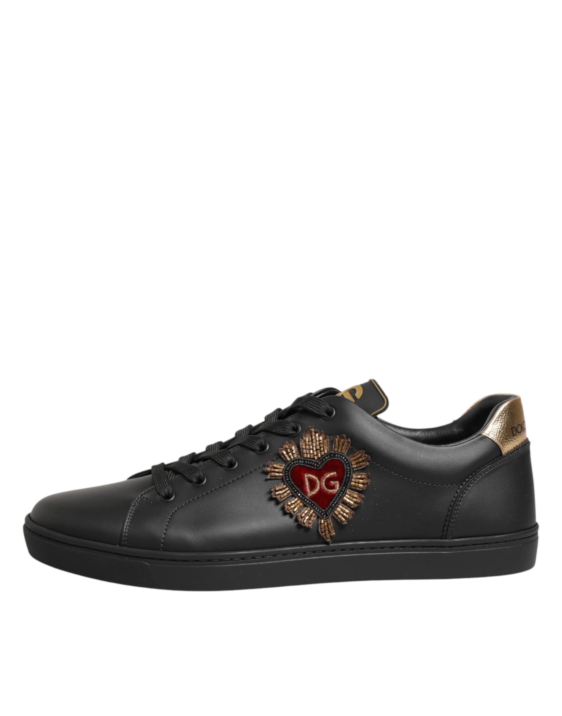 Dolce & Gabbana Black Leather Heart Embellished Sneakers Shoes - 5