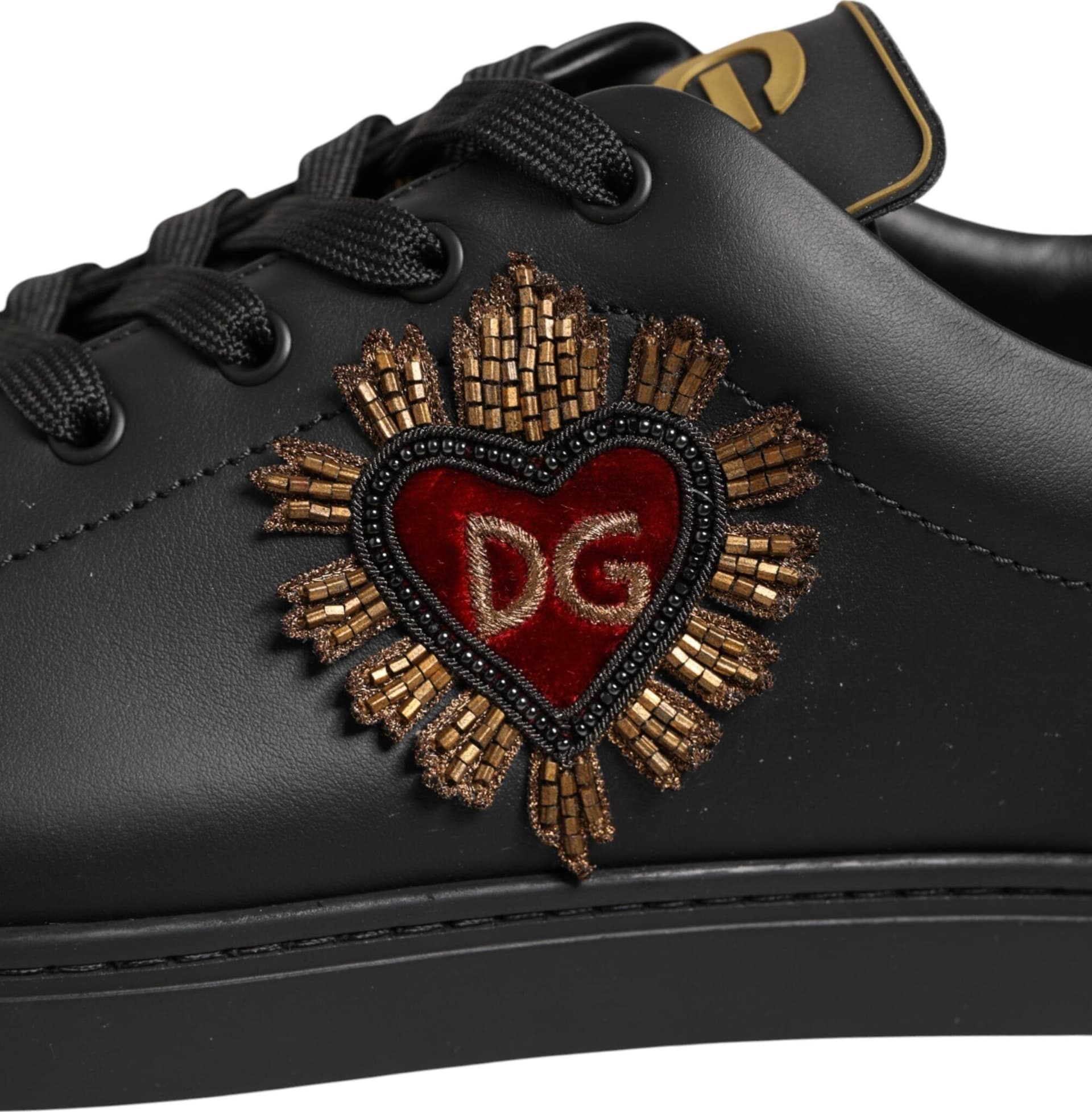 Dolce & Gabbana Black Leather Heart Embellished Sneakers Shoes - 8
