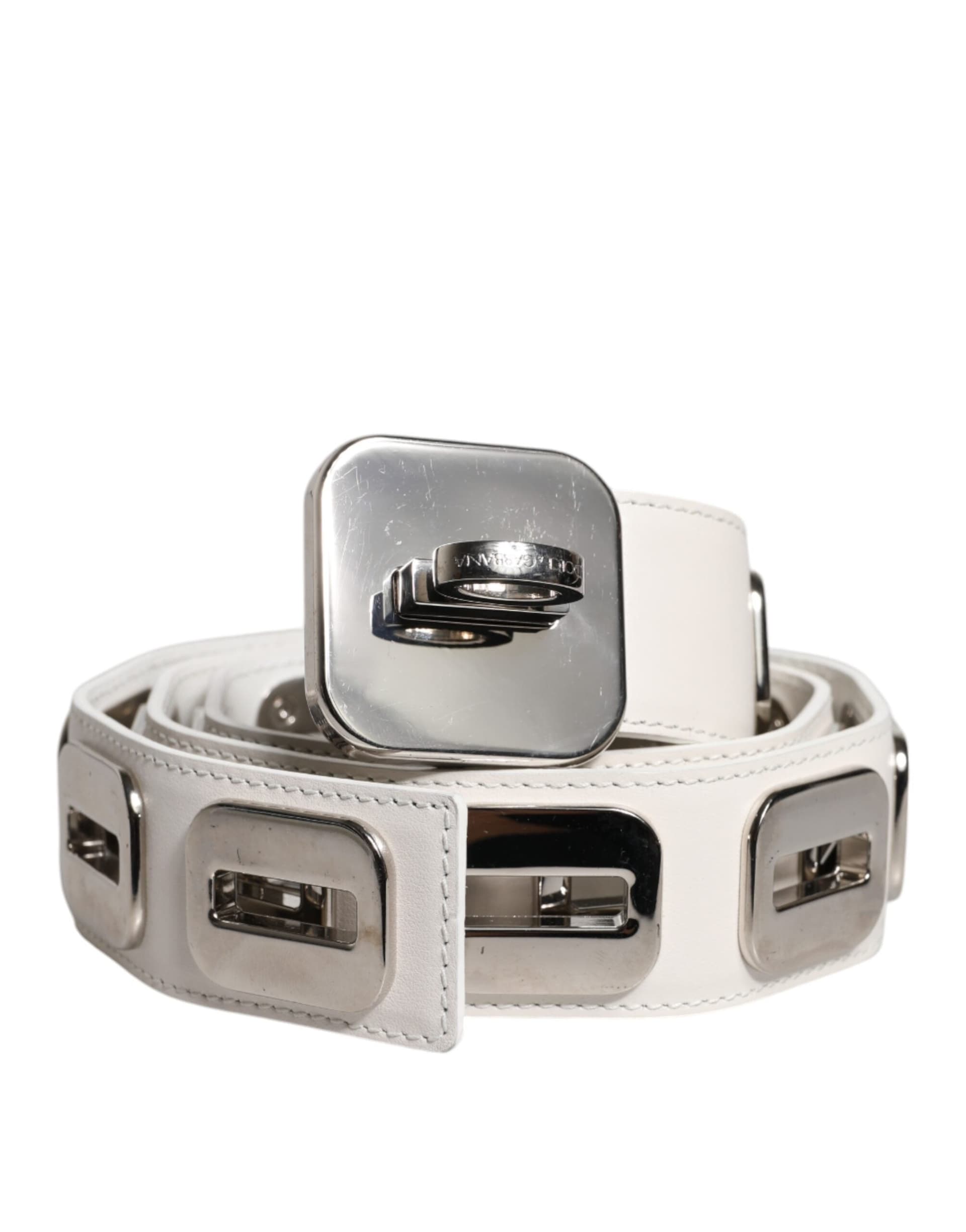 Dolce & Gabbana White Leather Gold Tone Rotating Buckle Belt - 2