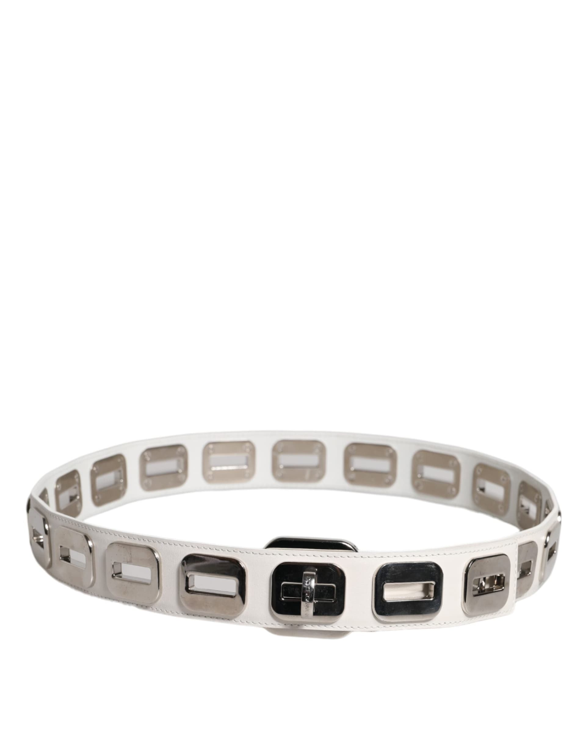 Dolce & Gabbana White Leather Gold Tone Rotating Buckle Belt - 3