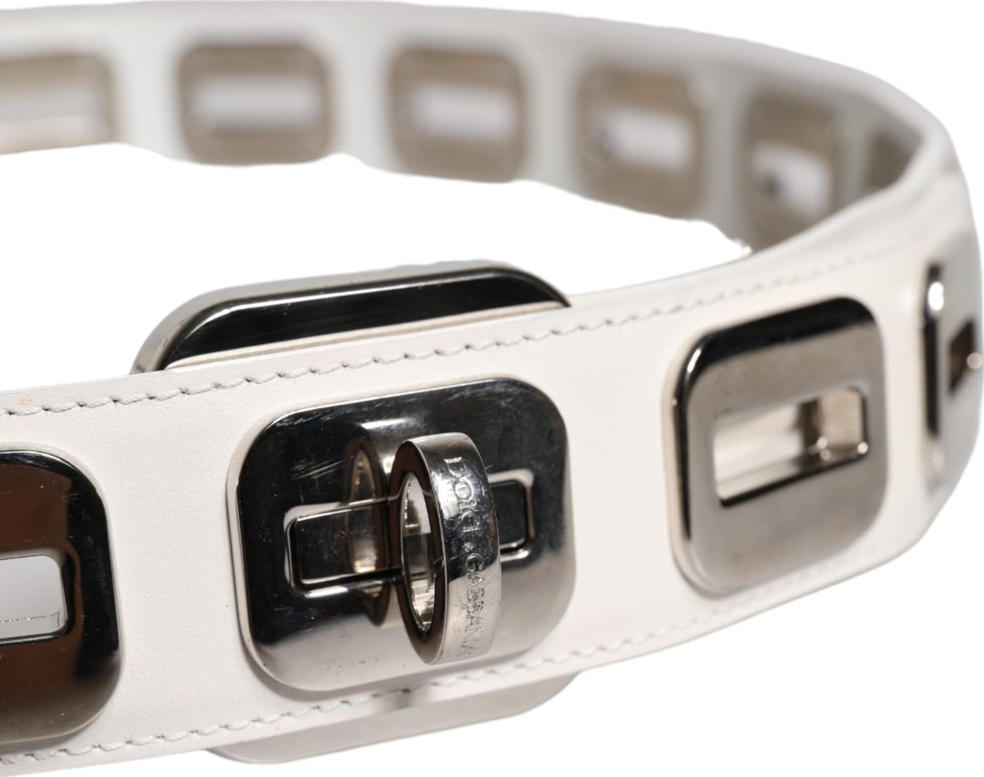 Dolce & Gabbana White Leather Gold Tone Rotating Buckle Belt - 4