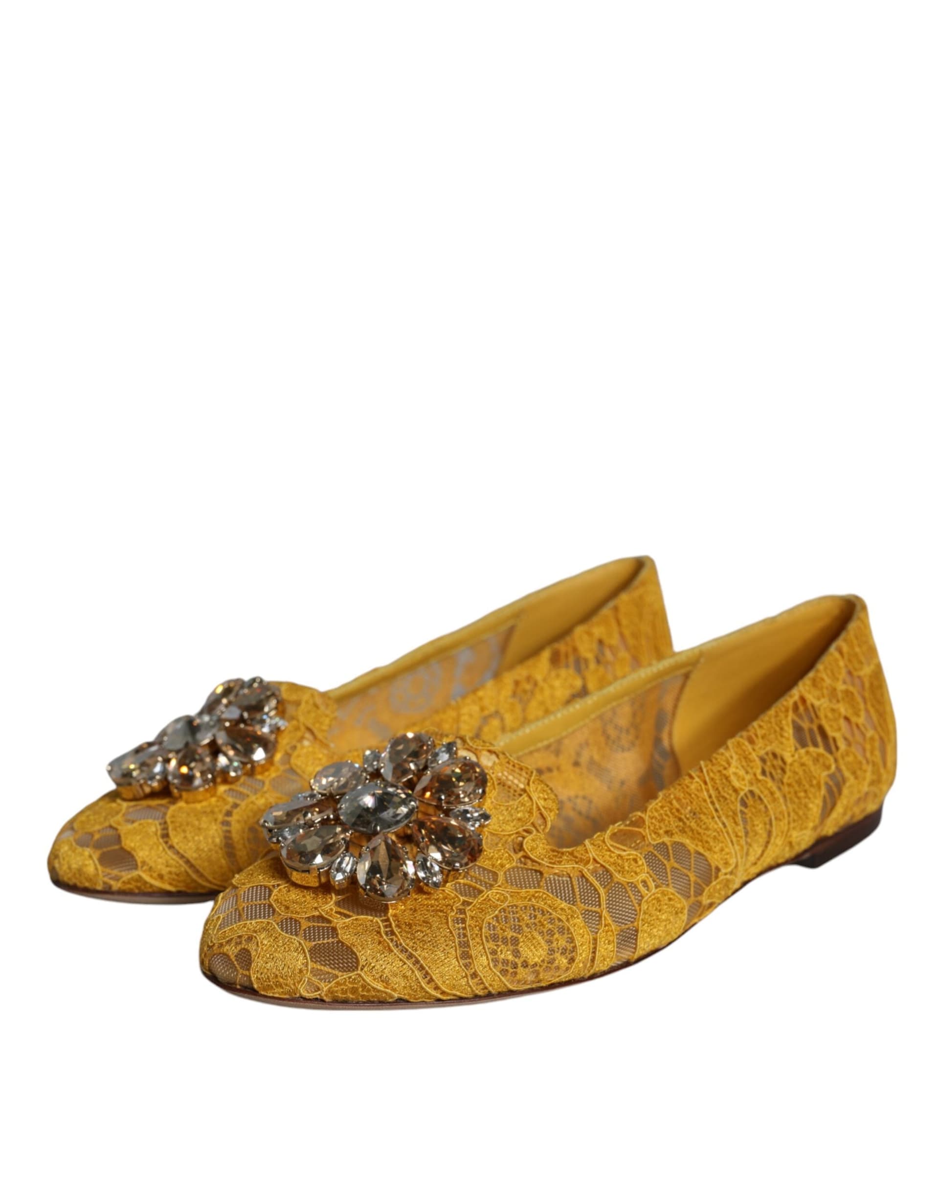 Dolce & Gabbana Mustard Lace Crystal Ballet Flats Loafer Shoes - 2