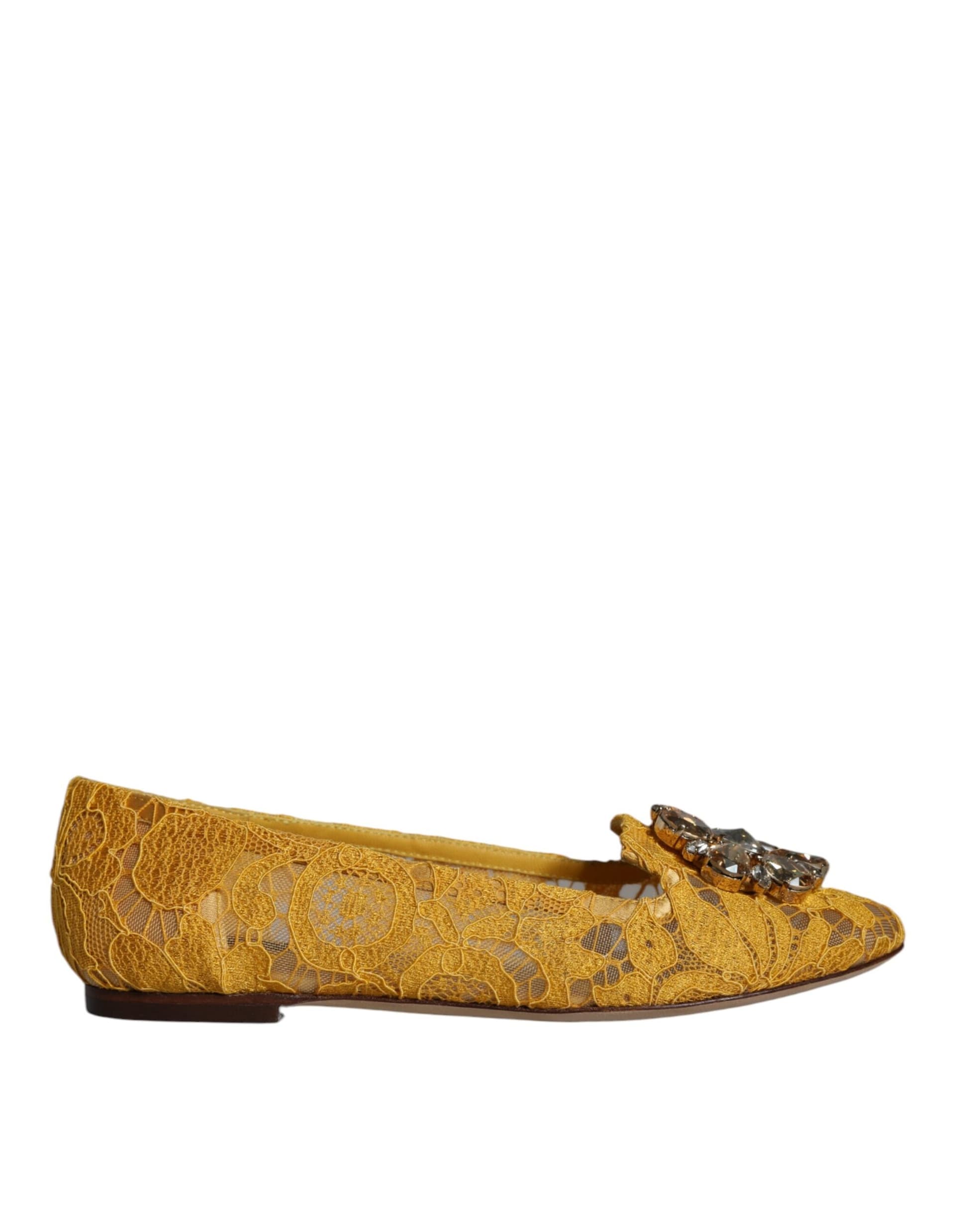 Dolce & Gabbana Mustard Lace Crystal Ballet Flats Loafer Shoes - 3