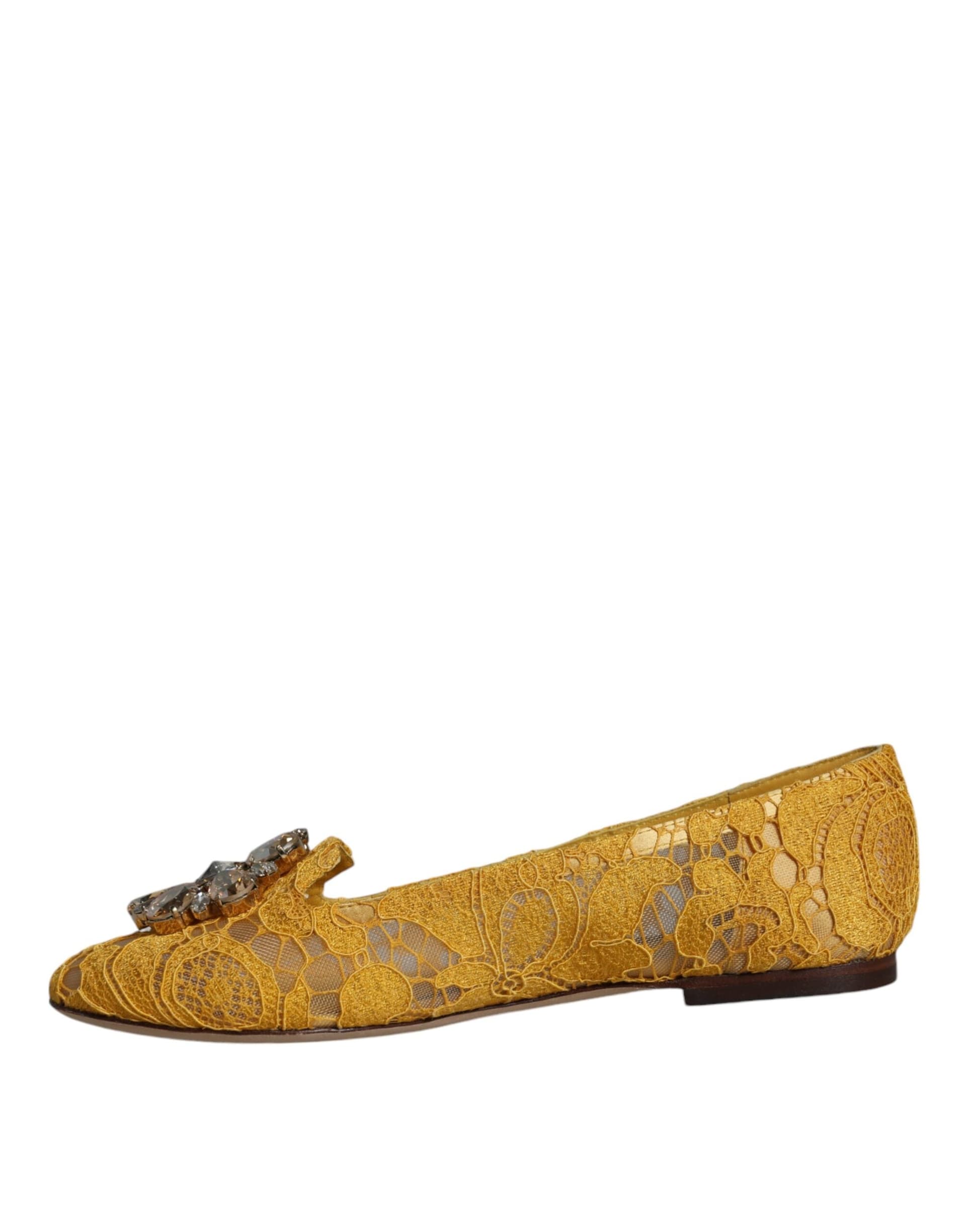 Dolce & Gabbana Mustard Lace Crystal Ballet Flats Loafer Shoes - 4