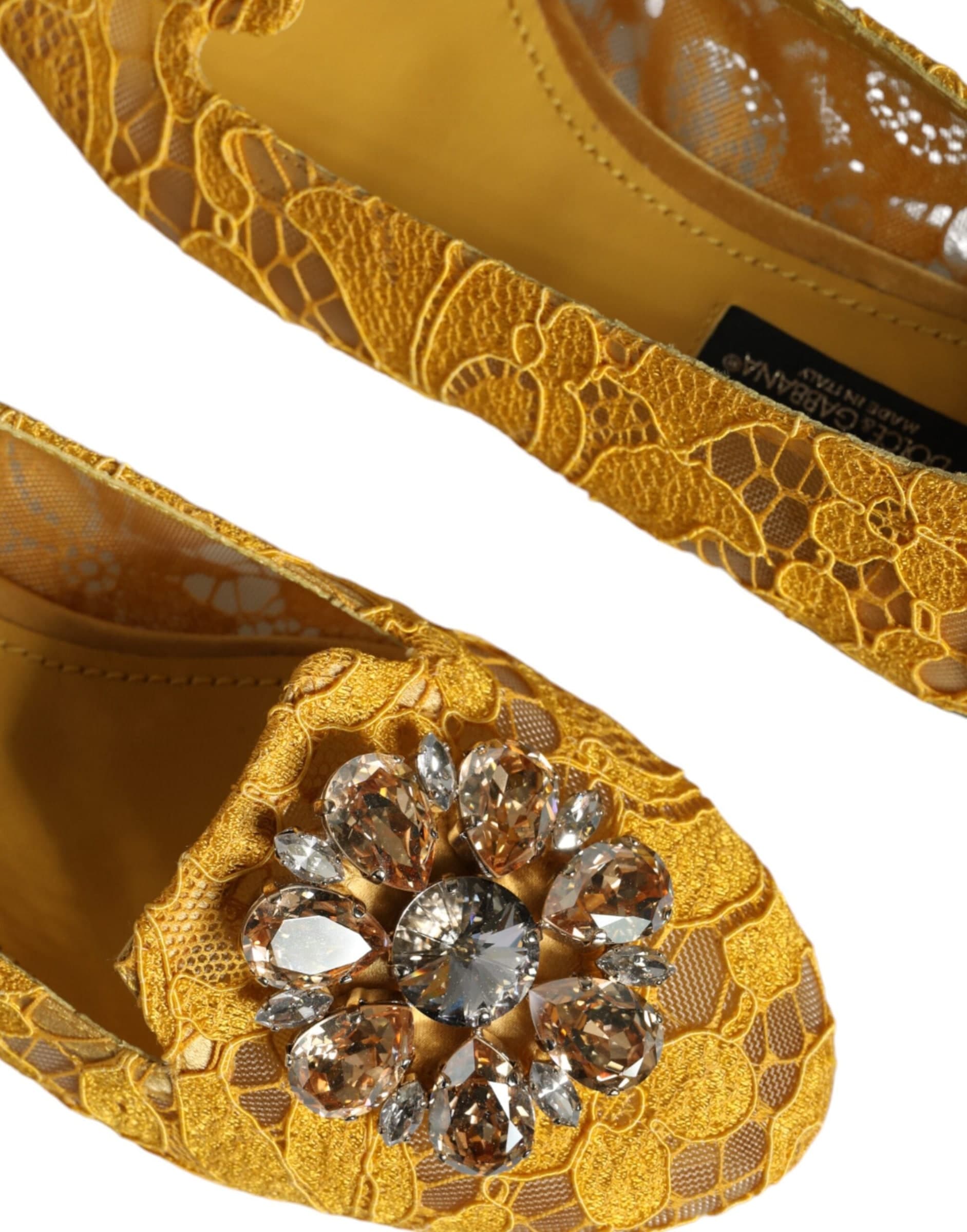 Dolce & Gabbana Mustard Lace Crystal Ballet Flats Loafer Shoes - 7
