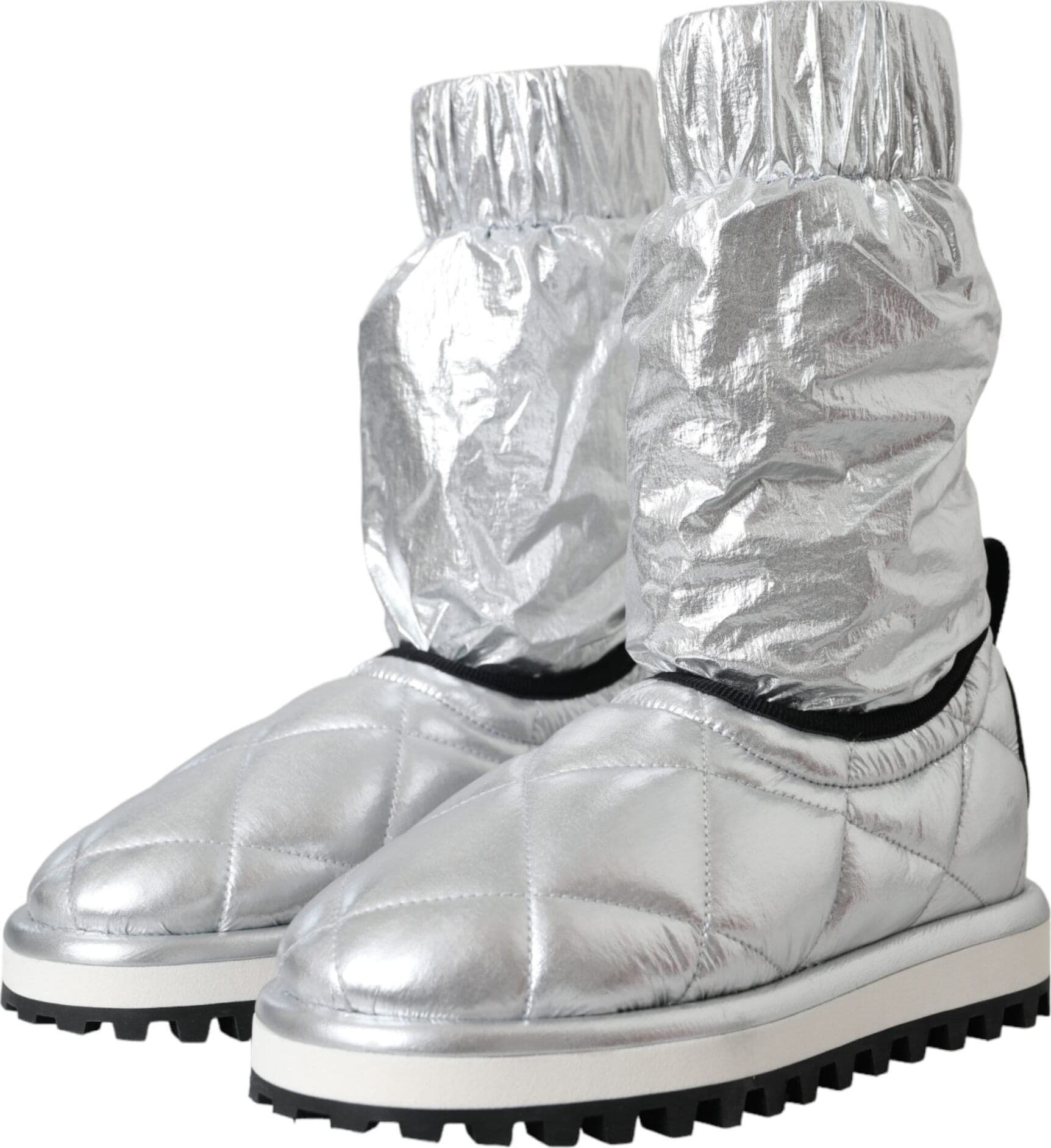 Dolce & Gabbana Metallic Silver Quilted Logo Patch Boot Shoes - 2