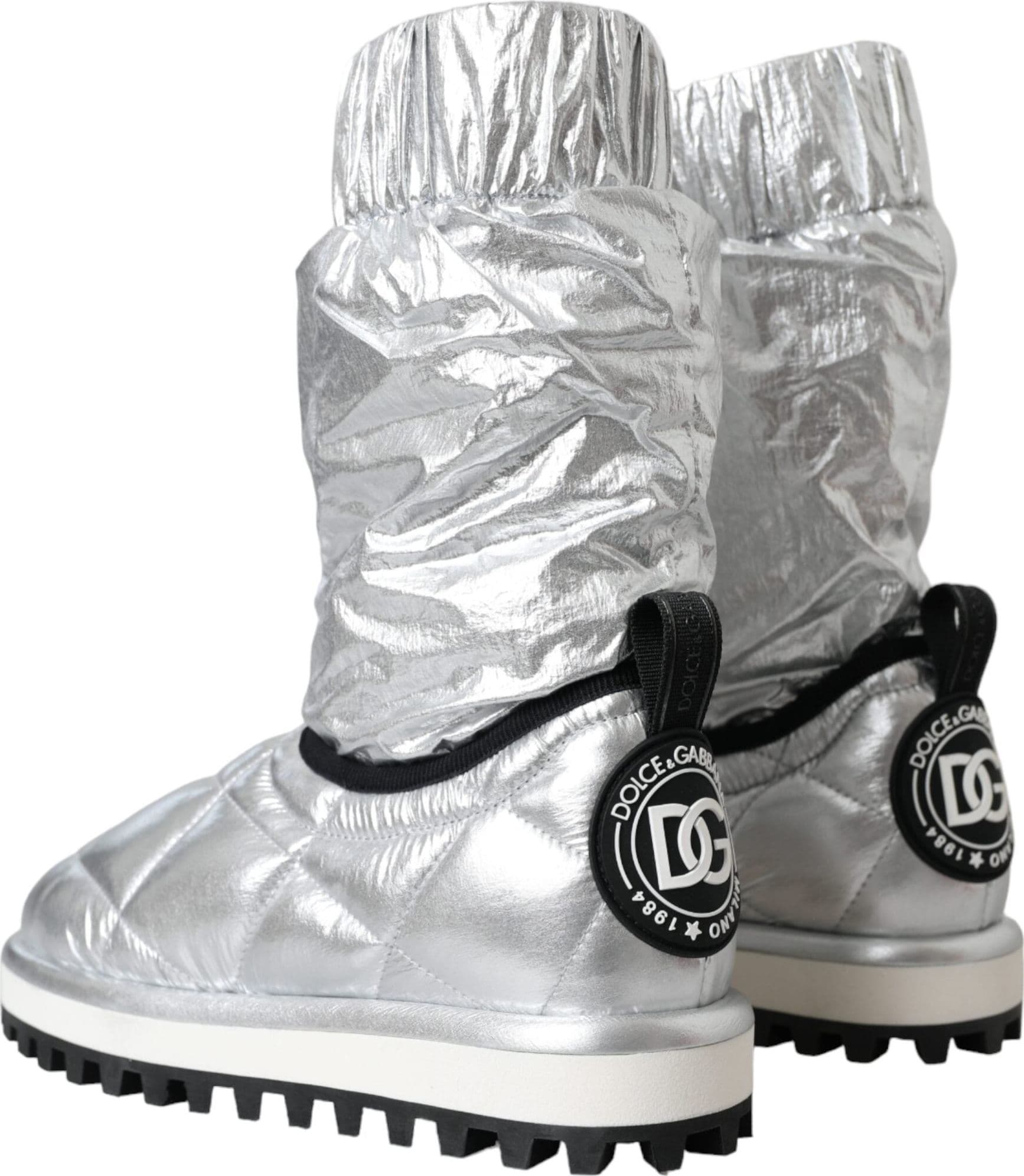 Dolce & Gabbana Metallic Silver Quilted Logo Patch Boot Shoes - 3