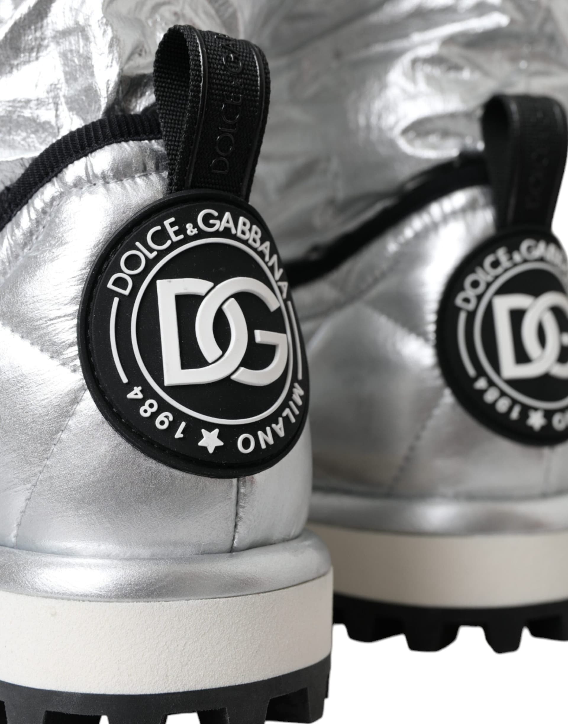 Dolce & Gabbana Metallic Silver Quilted Logo Patch Boot Shoes - 7