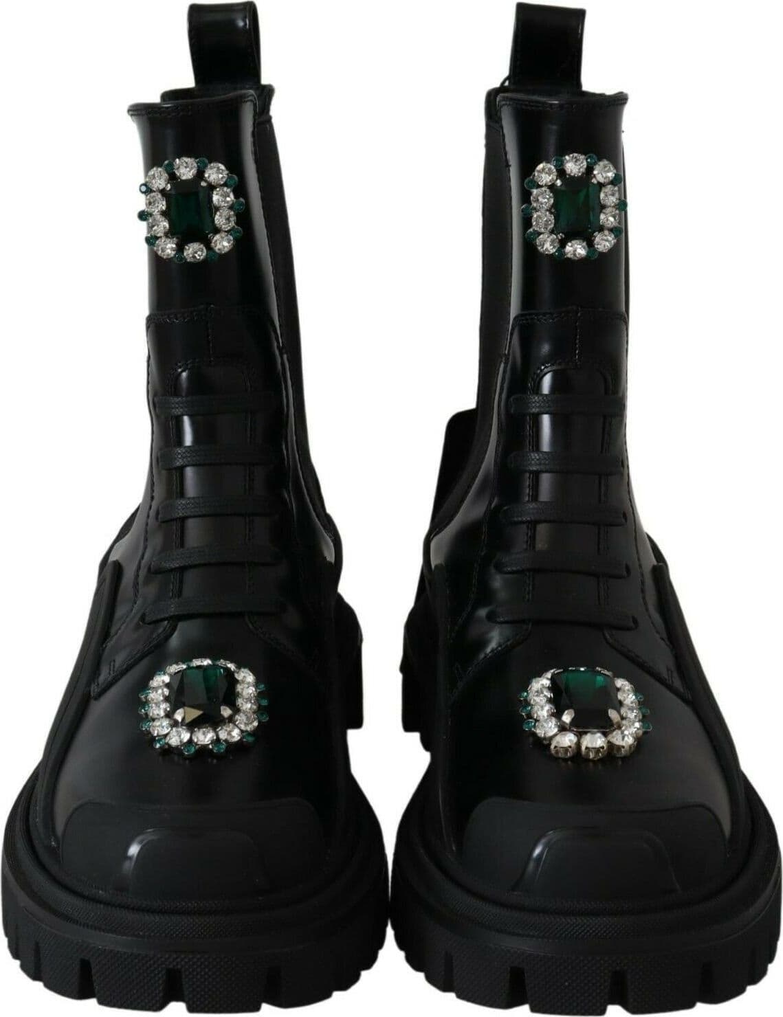 Dolce & Gabbana Black Leather Crystal Combat Boots - 6