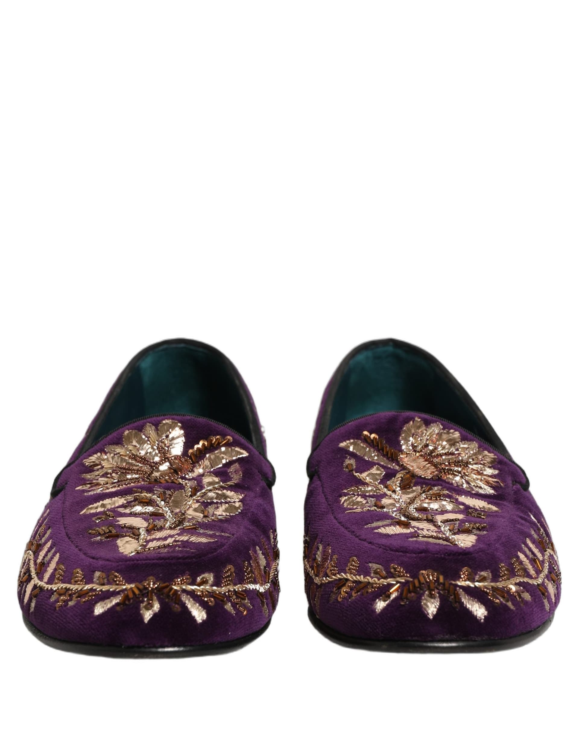 Dolce & Gabbana Violet Velvet Floral Embroidery Loafers Shoes - 2