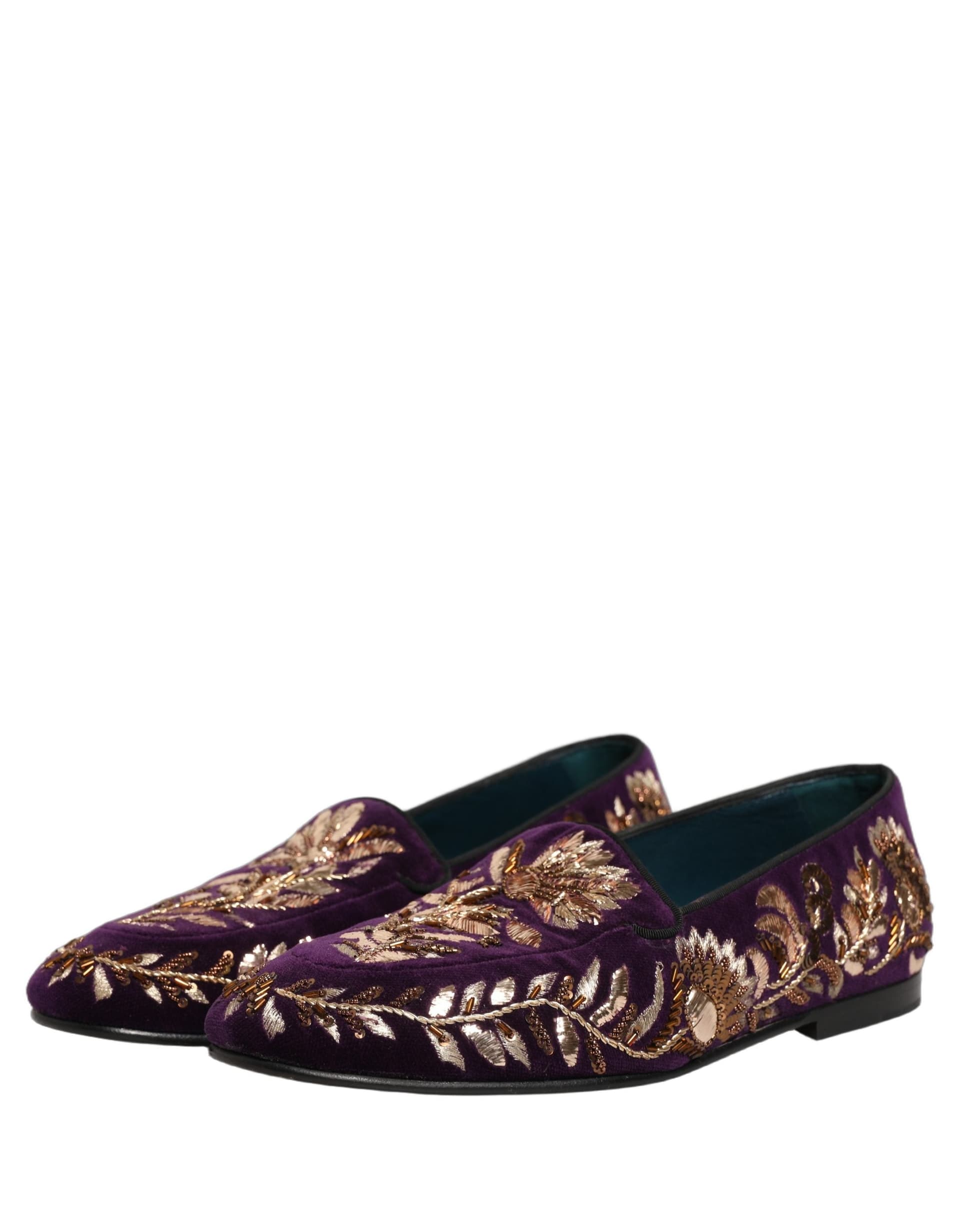 Dolce & Gabbana Violet Velvet Floral Embroidery Loafers Shoes - 4