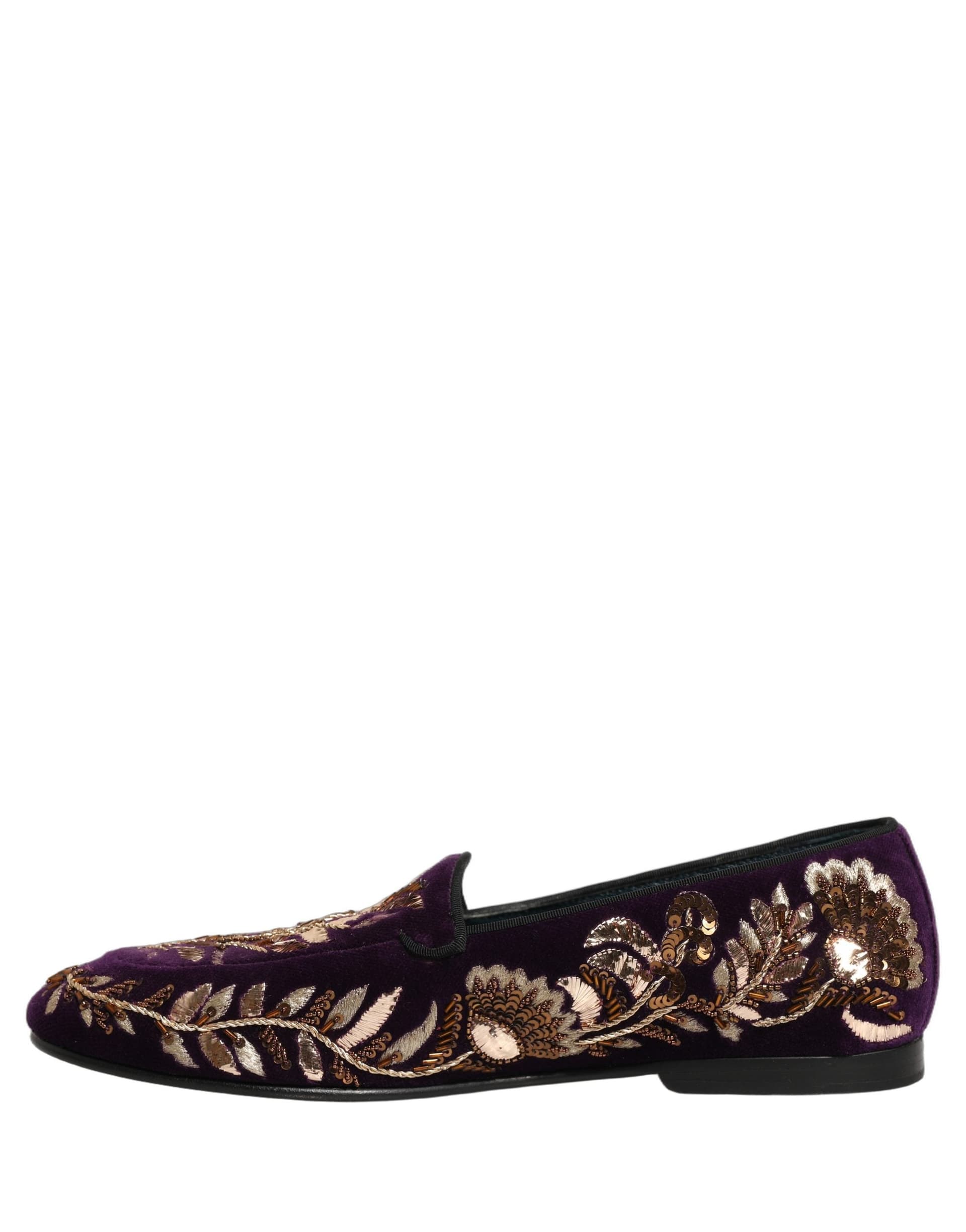 Dolce & Gabbana Violet Velvet Floral Embroidery Loafers Shoes - 6