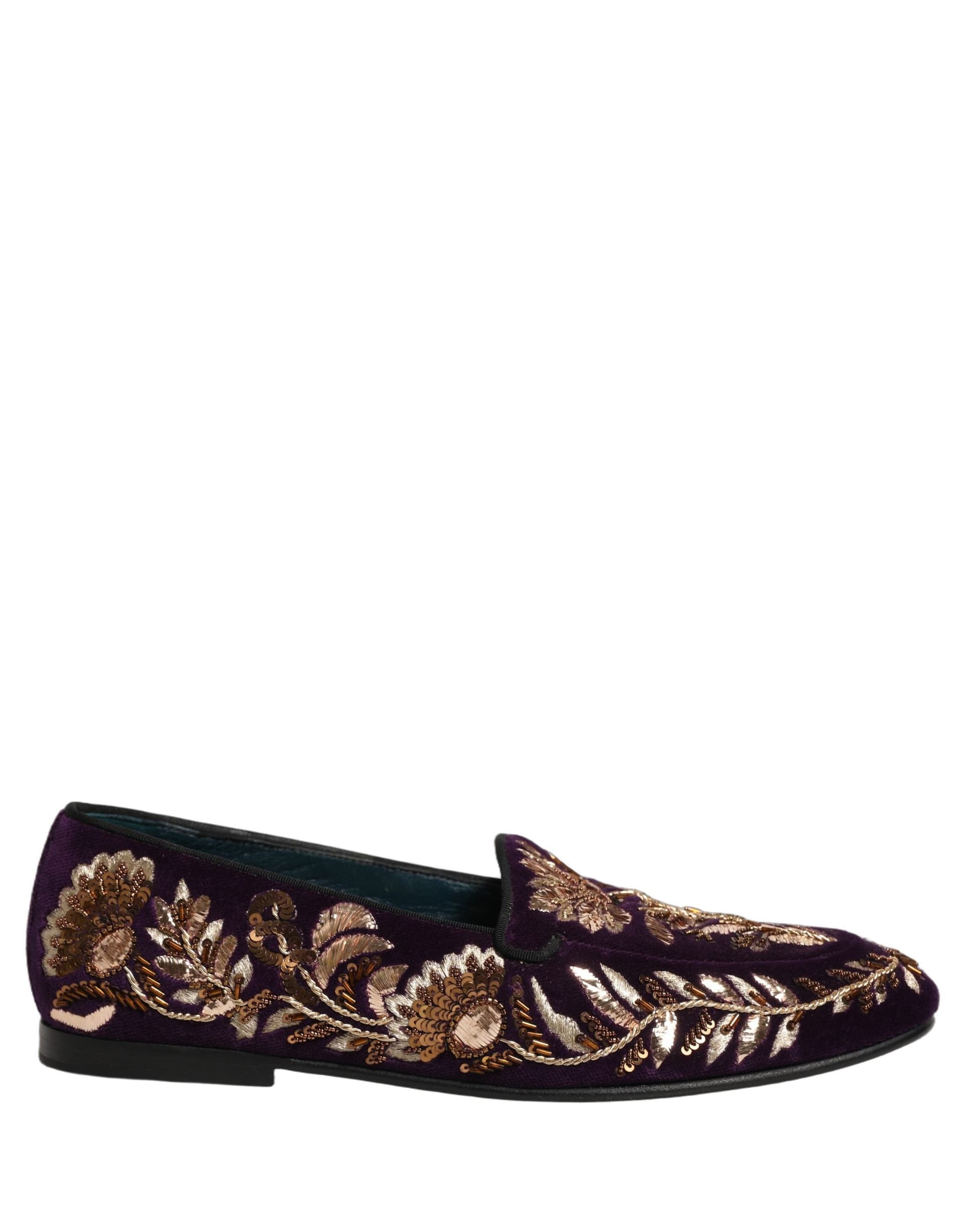 Dolce & Gabbana Violet Velvet Floral Embroidery Loafers Shoes - 7