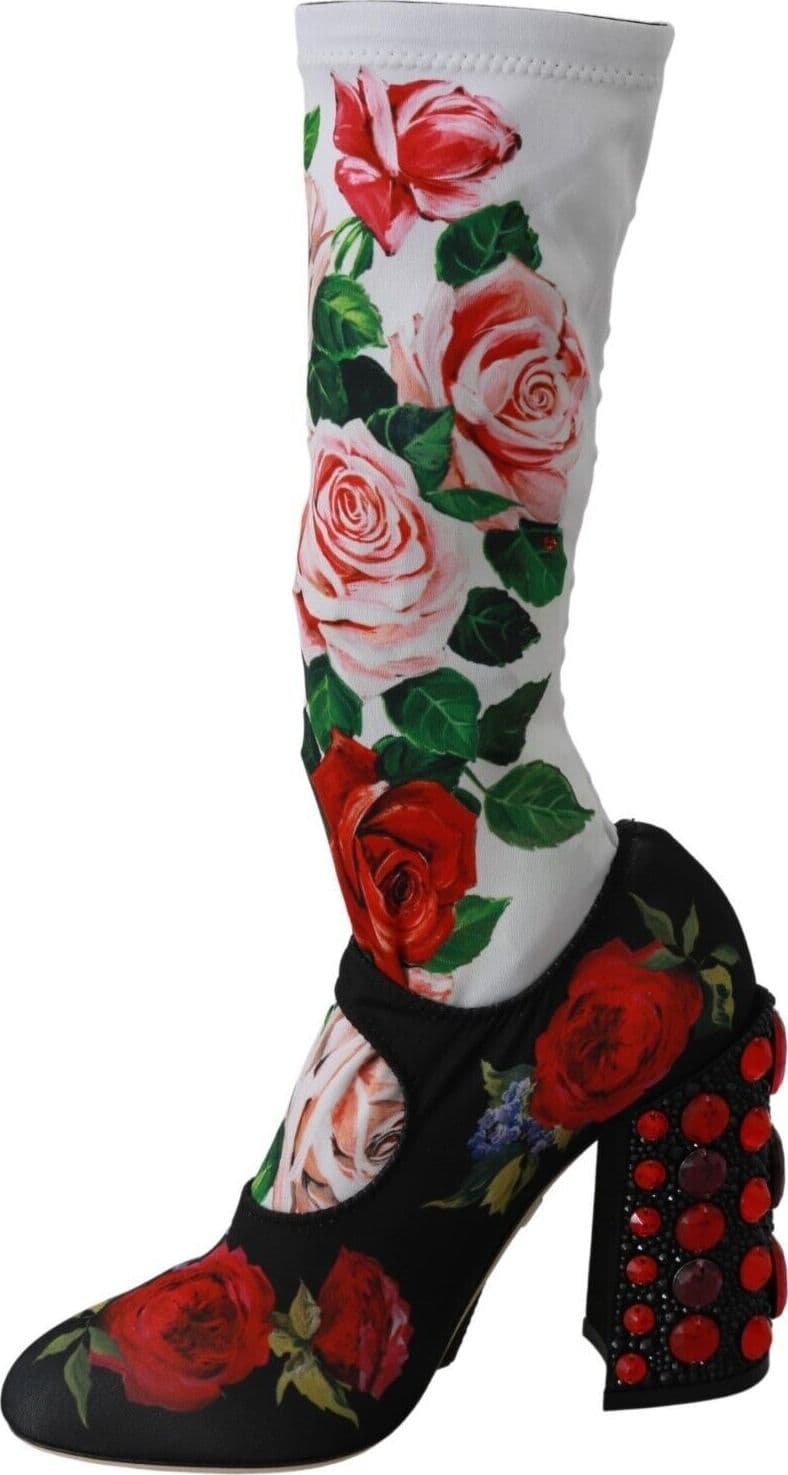 Dolce & Gabbana Black Floral Socks Crystal Jersey Boots Shoes - 2