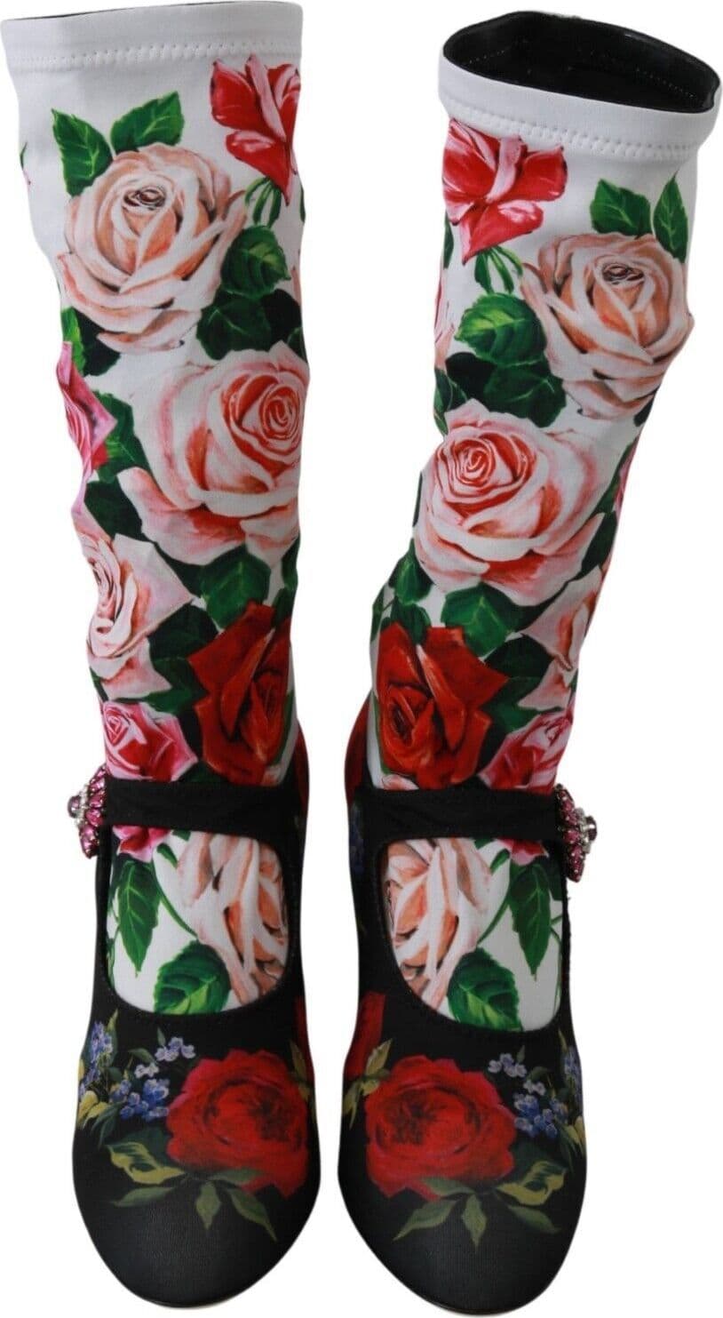 Dolce & Gabbana Black Floral Socks Crystal Jersey Boots Shoes - 5