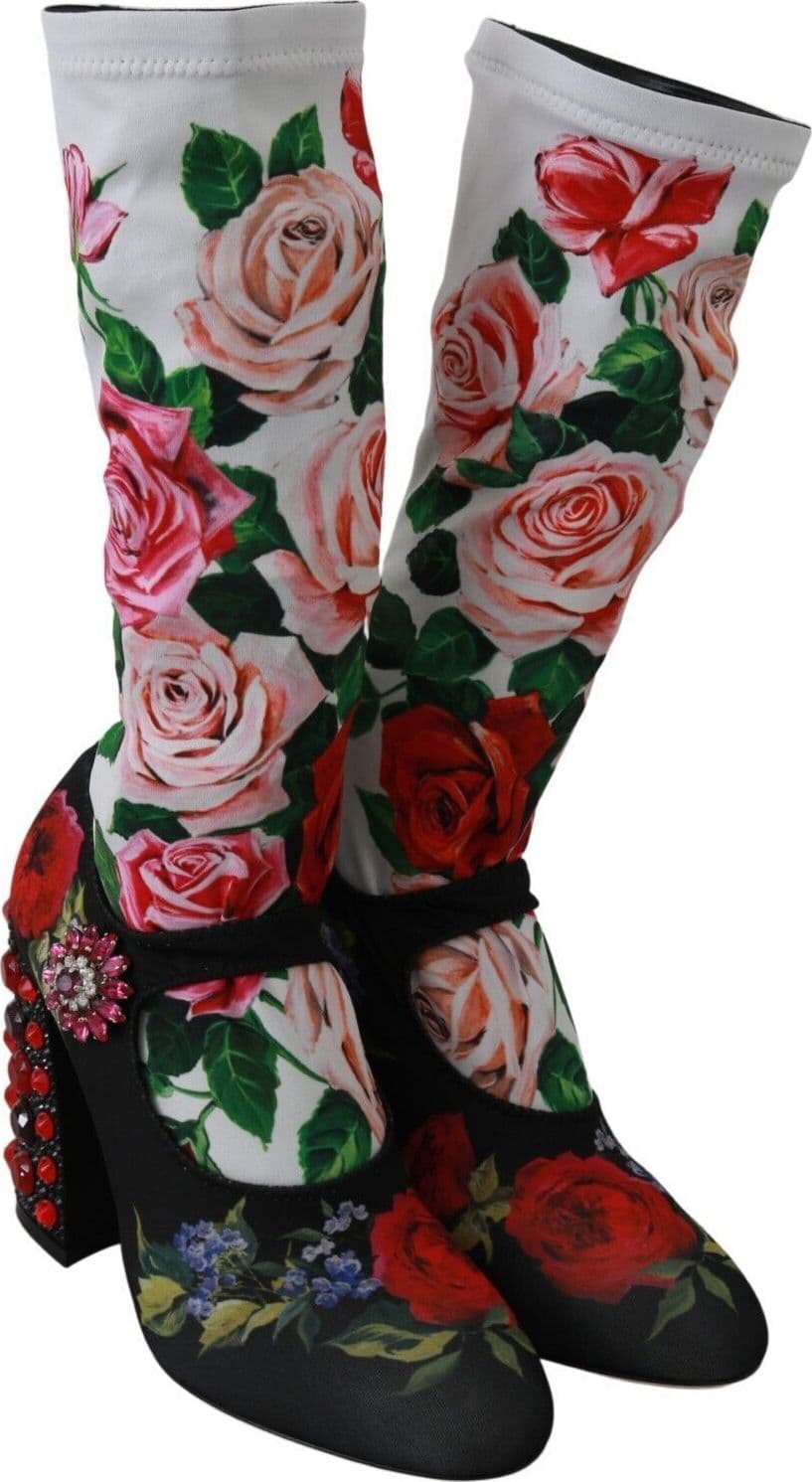 Dolce & Gabbana Black Floral Socks Crystal Jersey Boots Shoes - 6