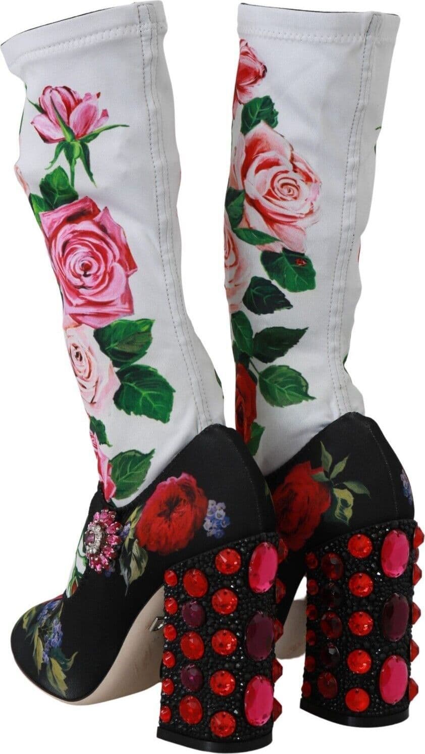 Dolce & Gabbana Black Floral Socks Crystal Jersey Boots Shoes - 7