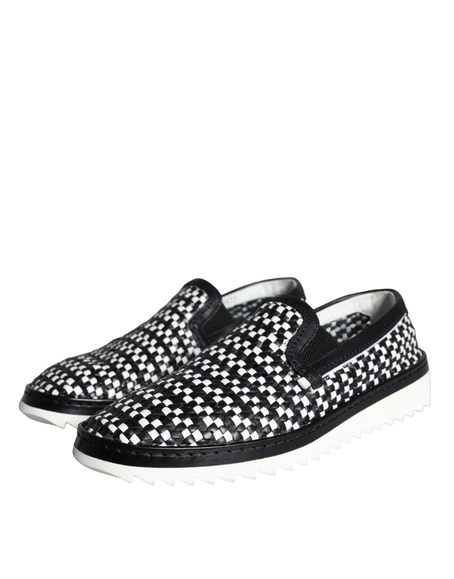 Dolce & Gabbana Black White Weaved Slip On Men Loafers Shoes - 2