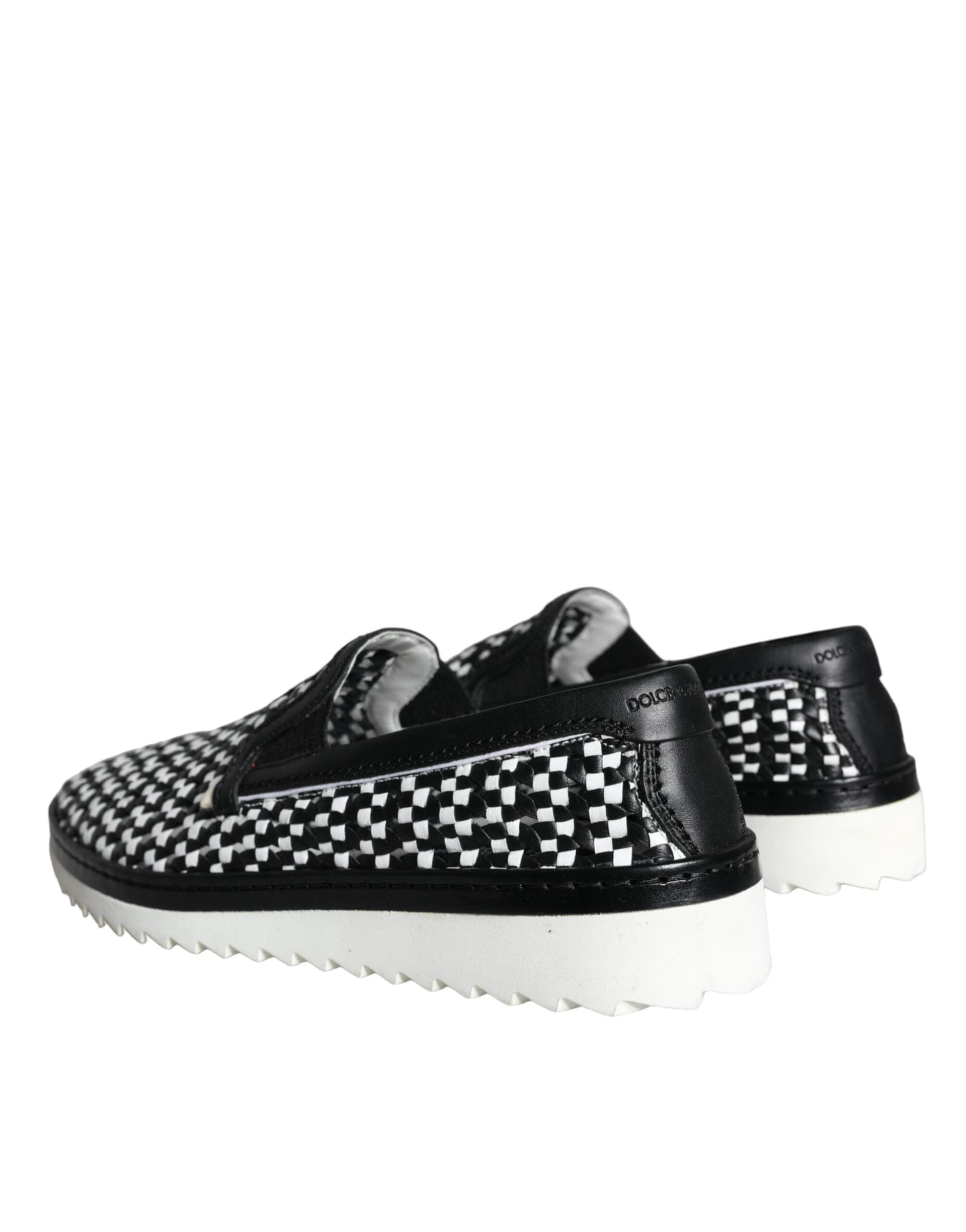 Dolce & Gabbana Black White Weaved Slip On Men Loafers Shoes - 3