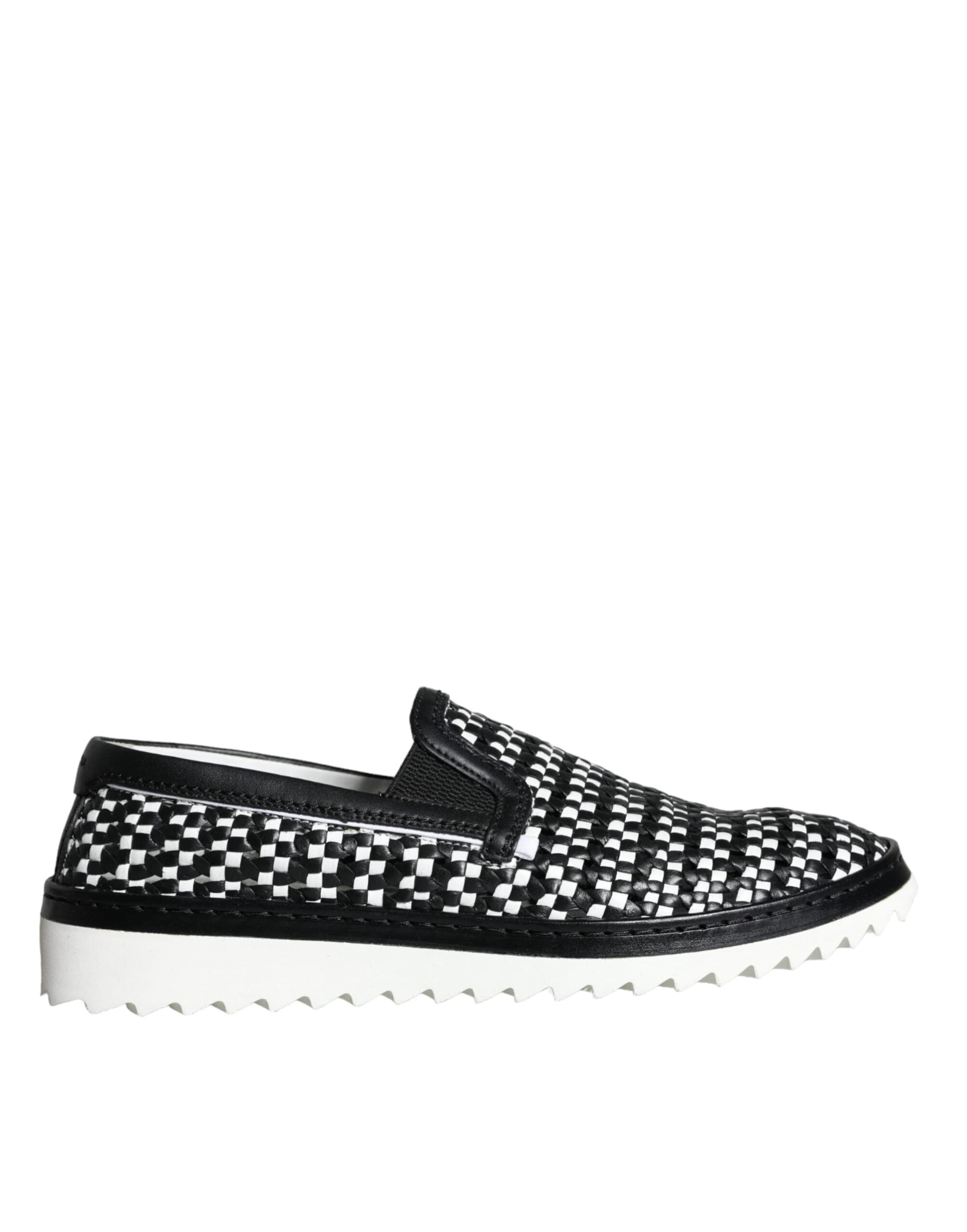 Dolce & Gabbana Black White Weaved Slip On Men Loafers Shoes - 5