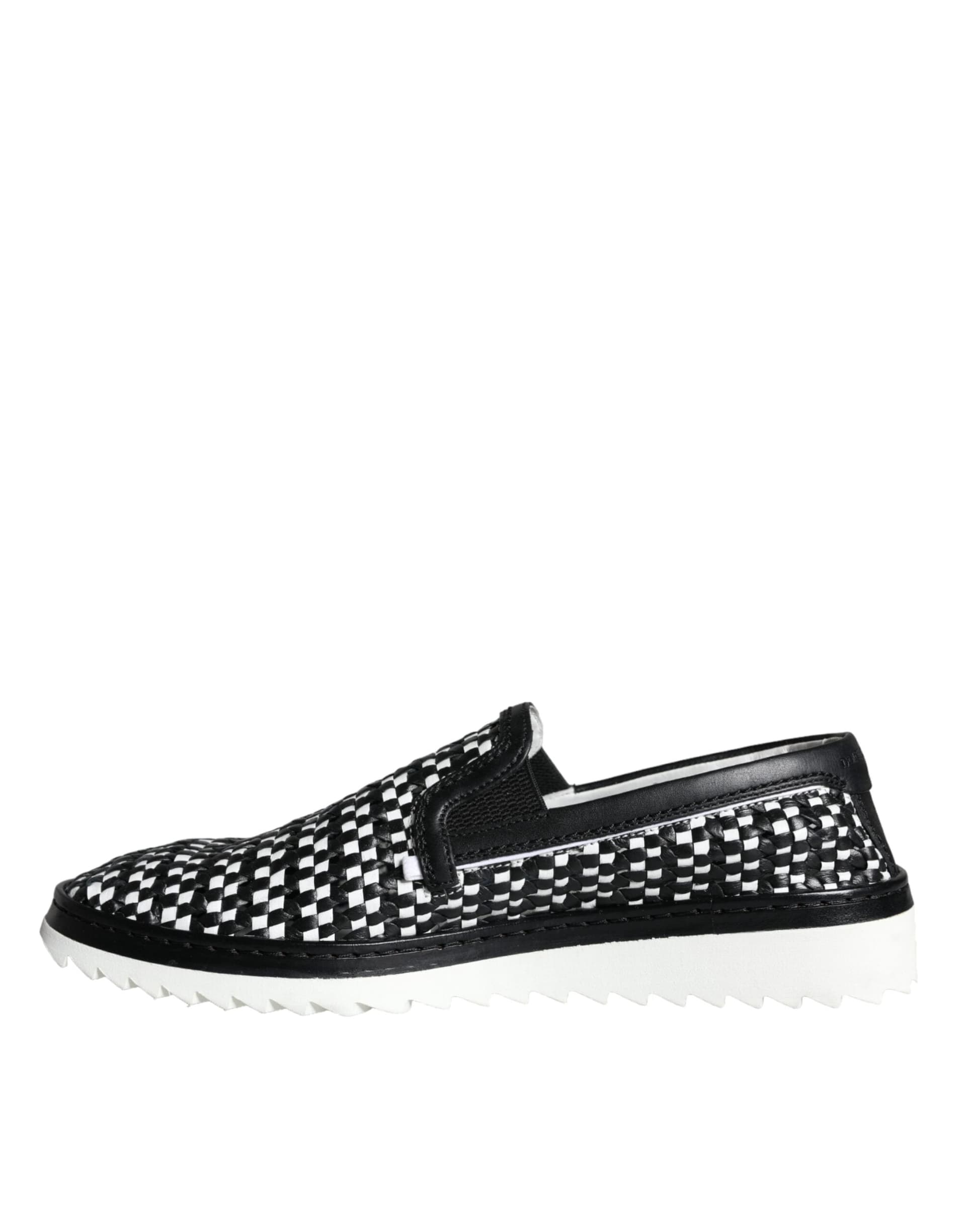 Dolce & Gabbana Black White Weaved Slip On Men Loafers Shoes - 6