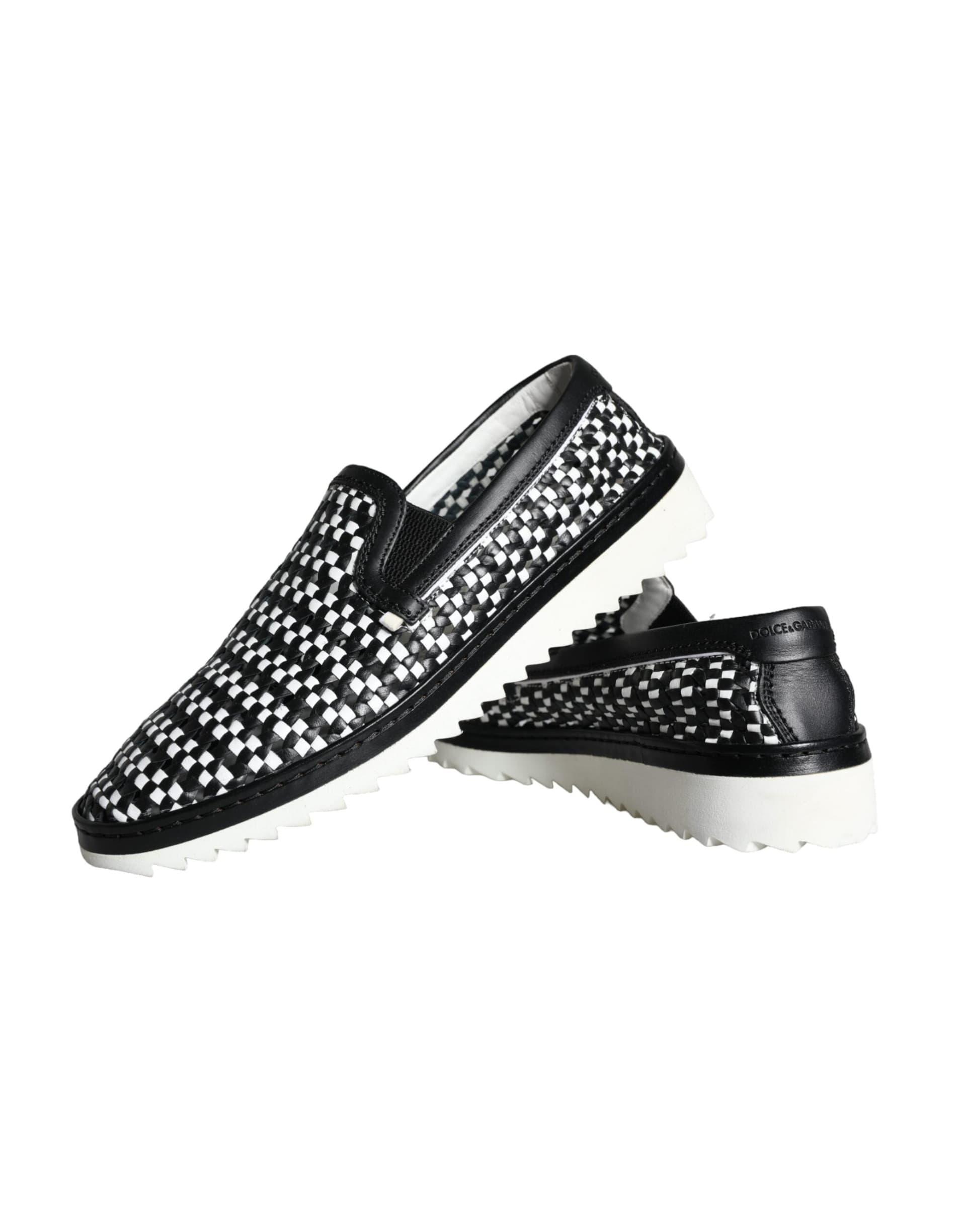 Dolce & Gabbana Black White Weaved Slip On Men Loafers Shoes - 8