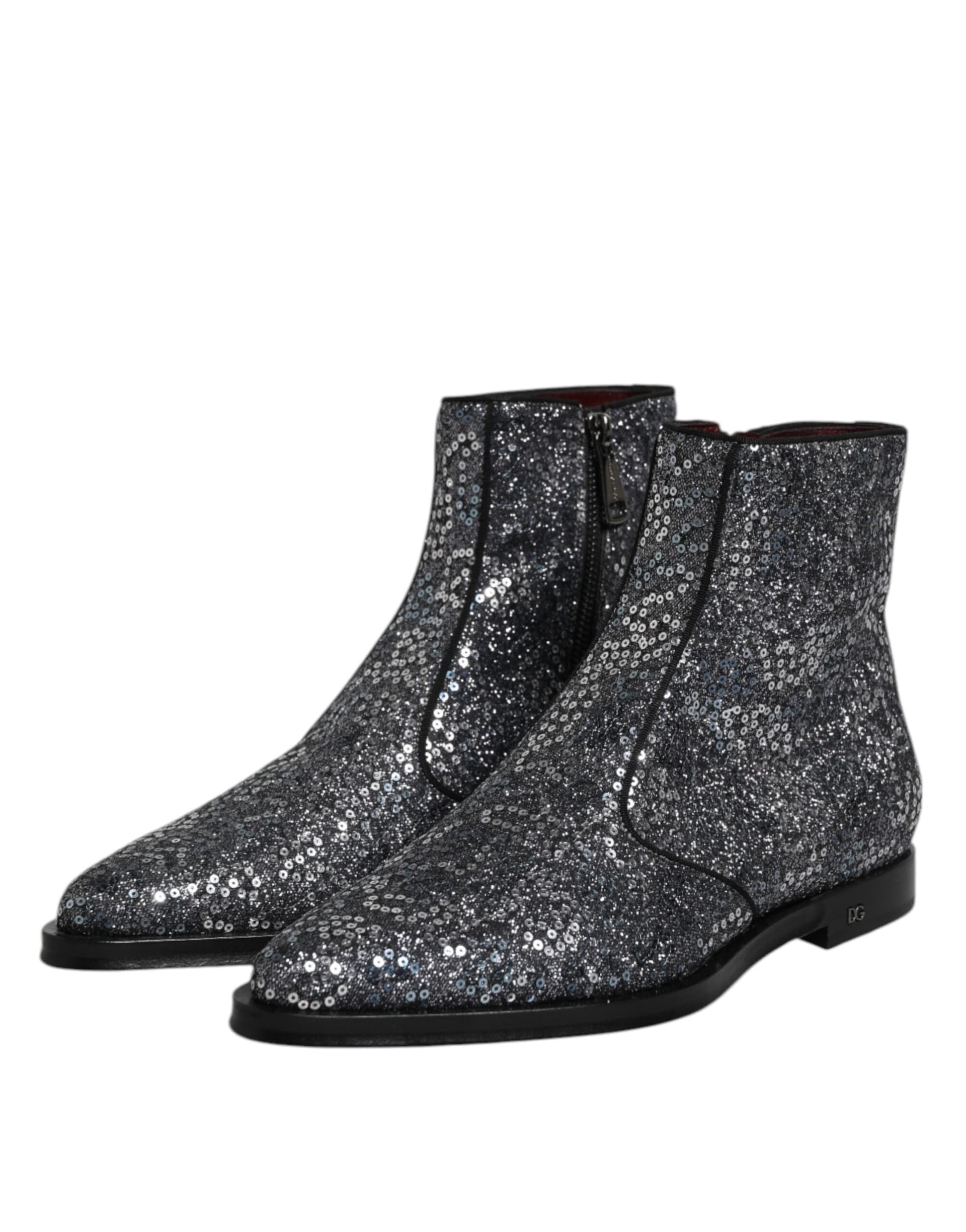 Dolce & Gabbana Dark Gray Cotton Sequined Chelsea Boots Shoes - 3