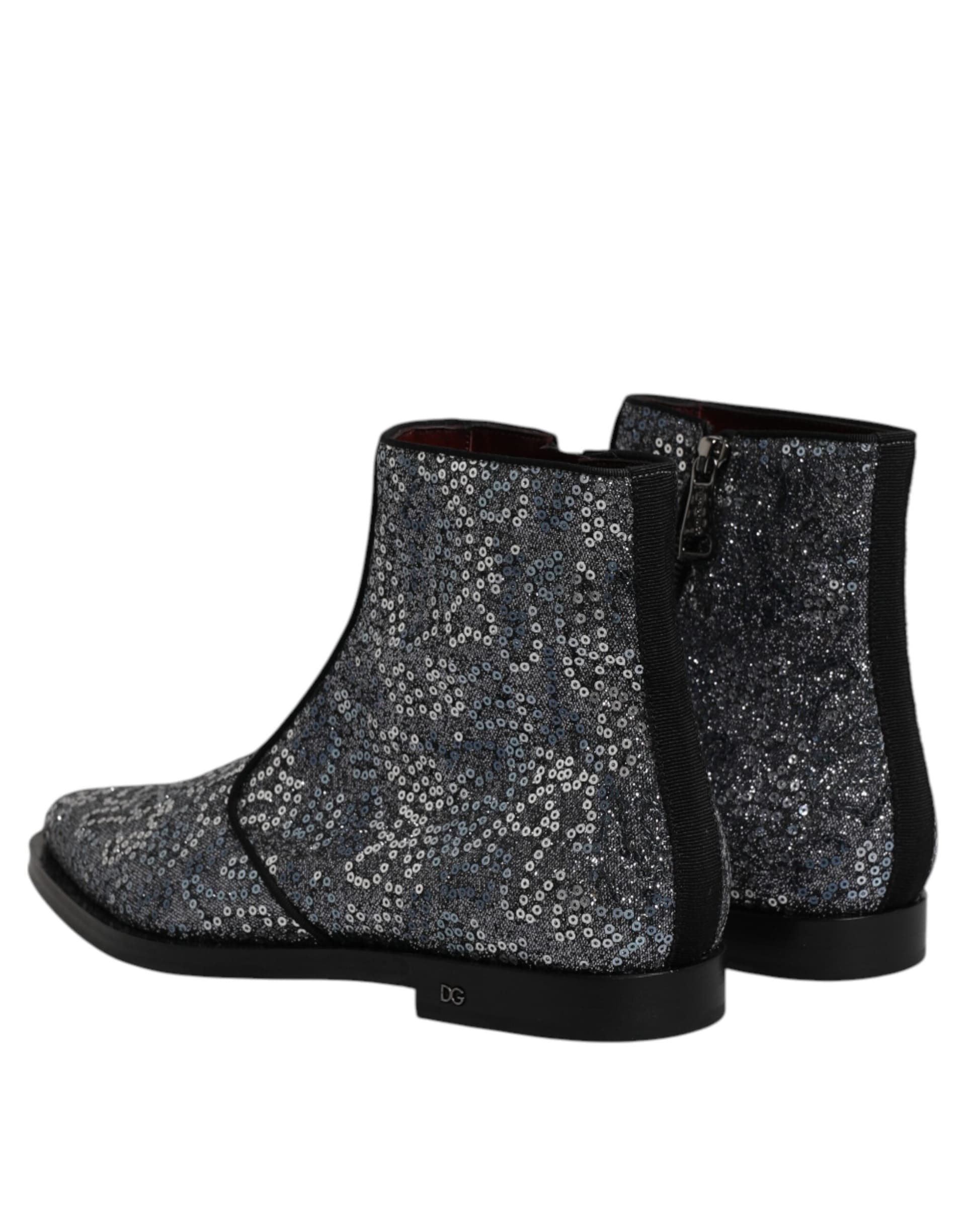 Dolce & Gabbana Dark Gray Cotton Sequined Chelsea Boots Shoes - 4
