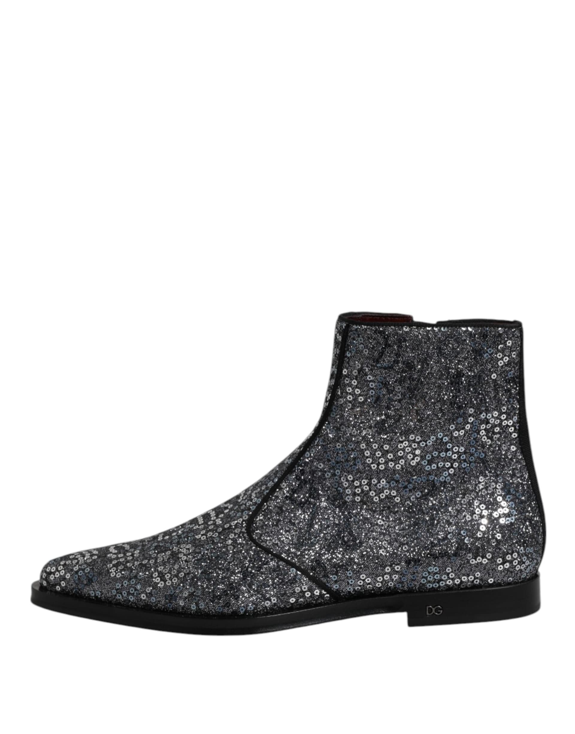 Dolce & Gabbana Dark Gray Cotton Sequined Chelsea Boots Shoes - 5