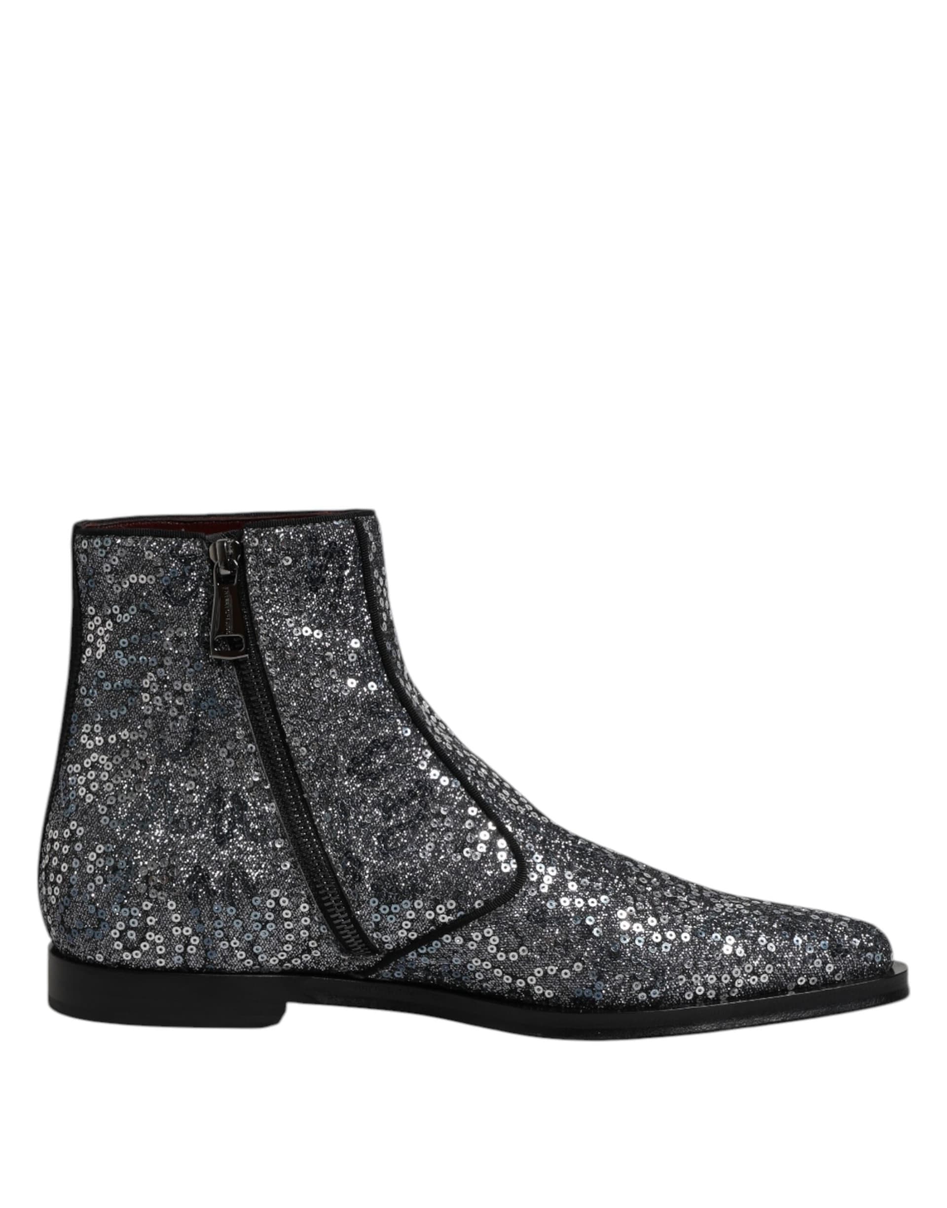 Dolce & Gabbana Dark Gray Cotton Sequined Chelsea Boots Shoes - 7
