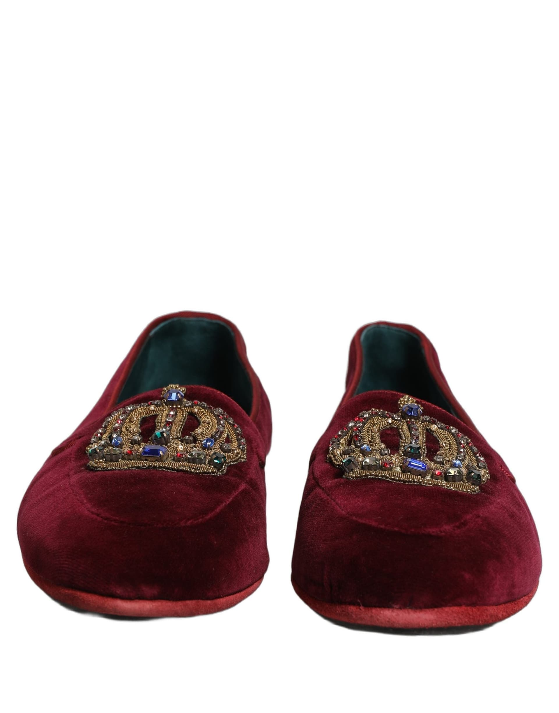 Dolce & Gabbana Burgundy Velvet Crown Slip On Loafers Shoes - 2