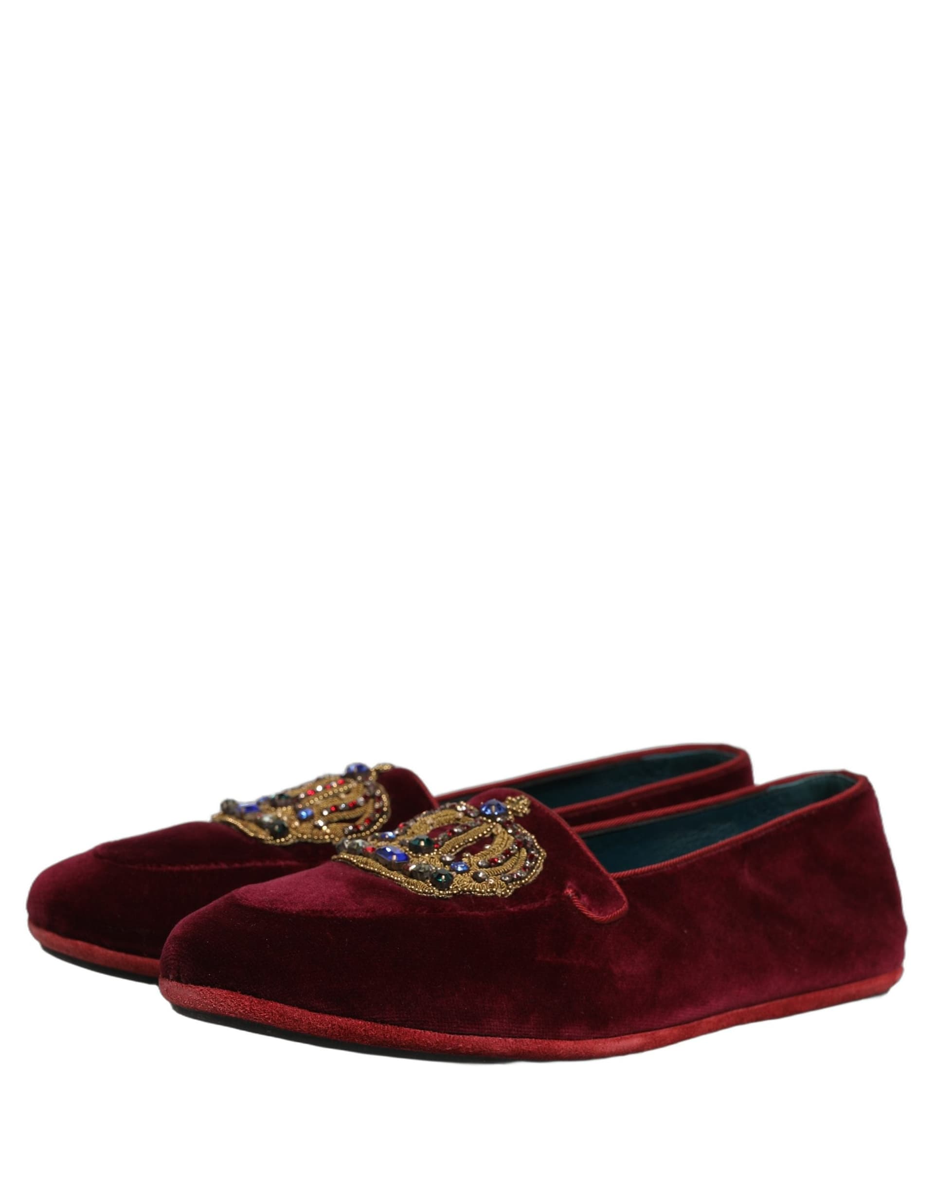 Dolce & Gabbana Burgundy Velvet Crown Slip On Loafers Shoes - 4
