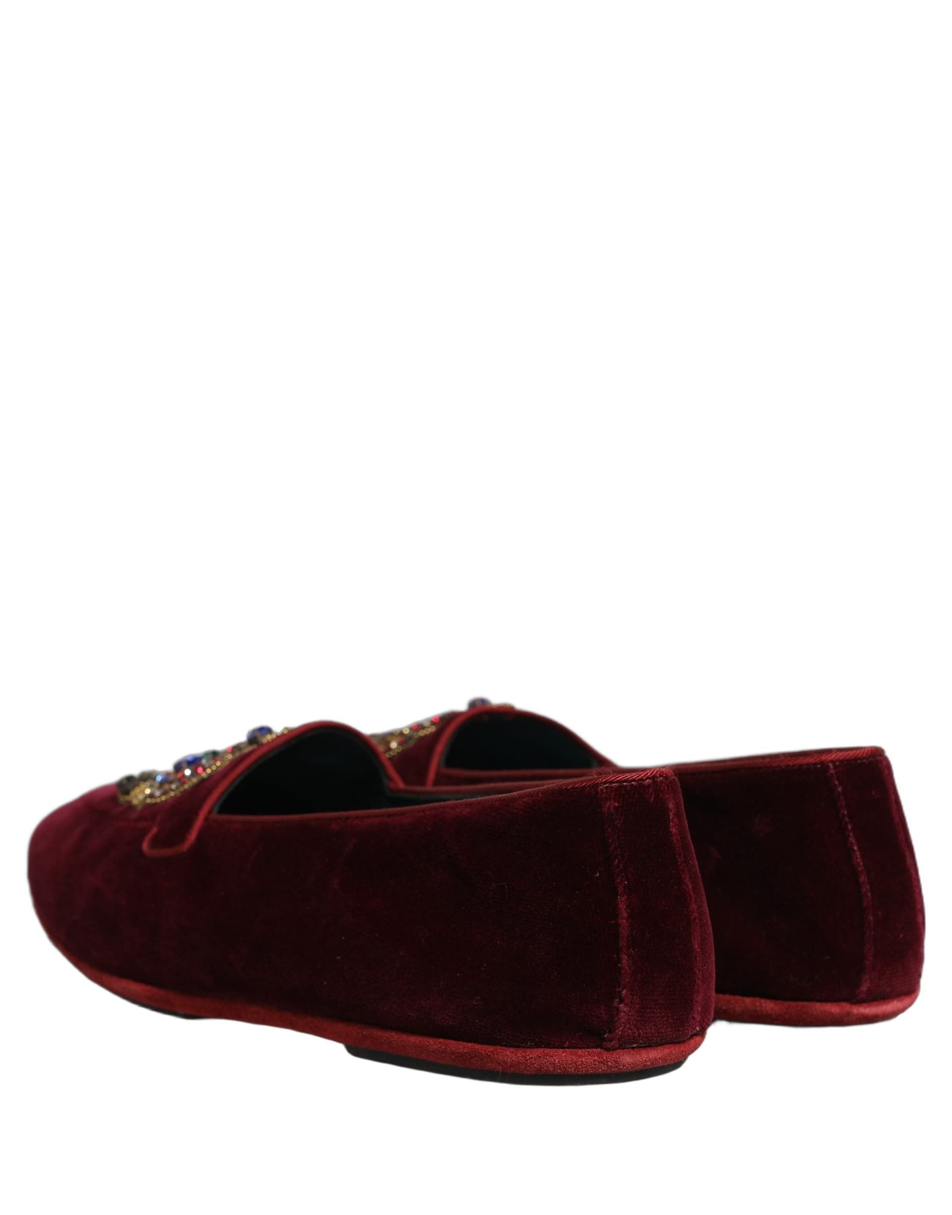 Dolce & Gabbana Burgundy Velvet Crown Slip On Loafers Shoes - 5