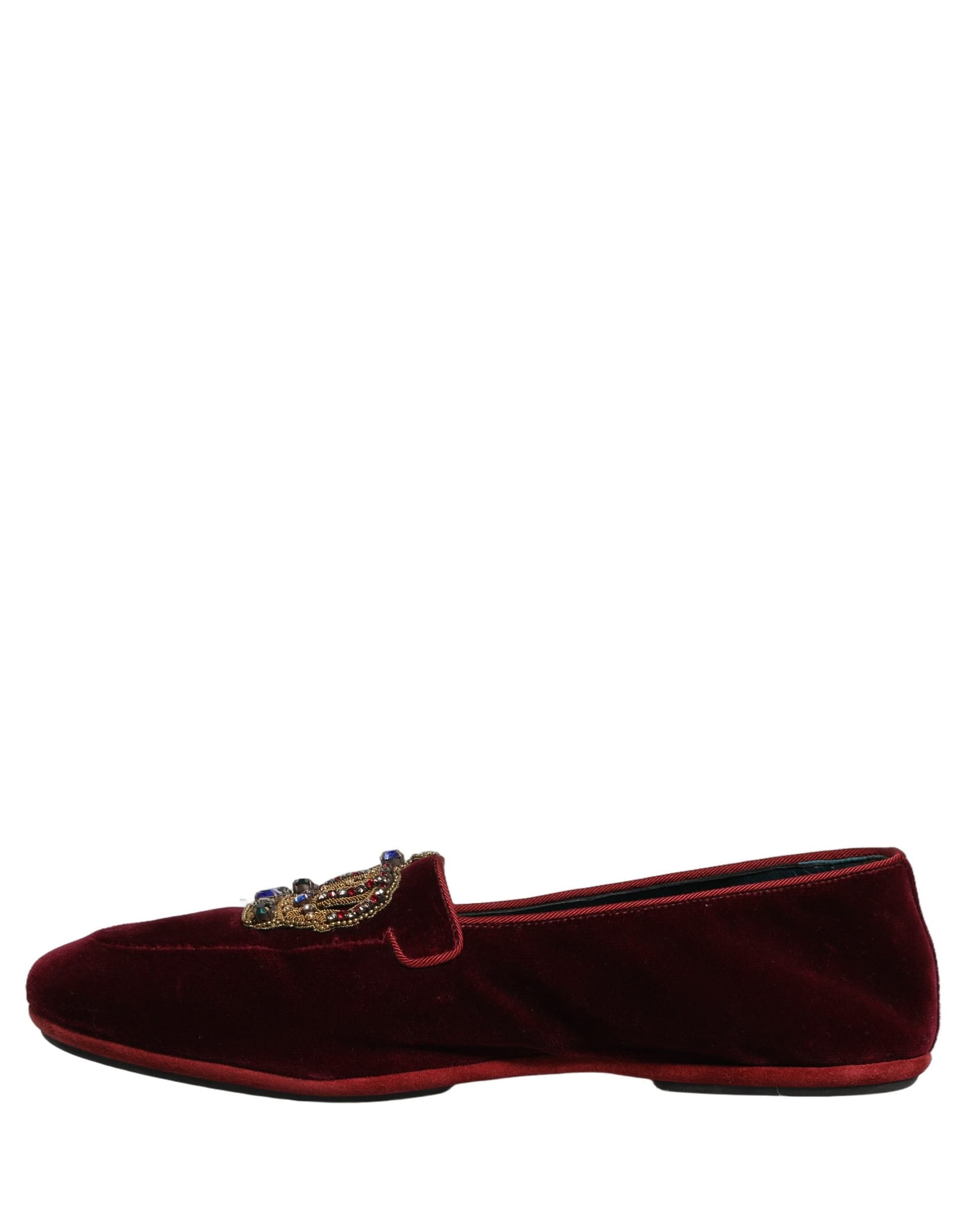Dolce & Gabbana Burgundy Velvet Crown Slip On Loafers Shoes - 6