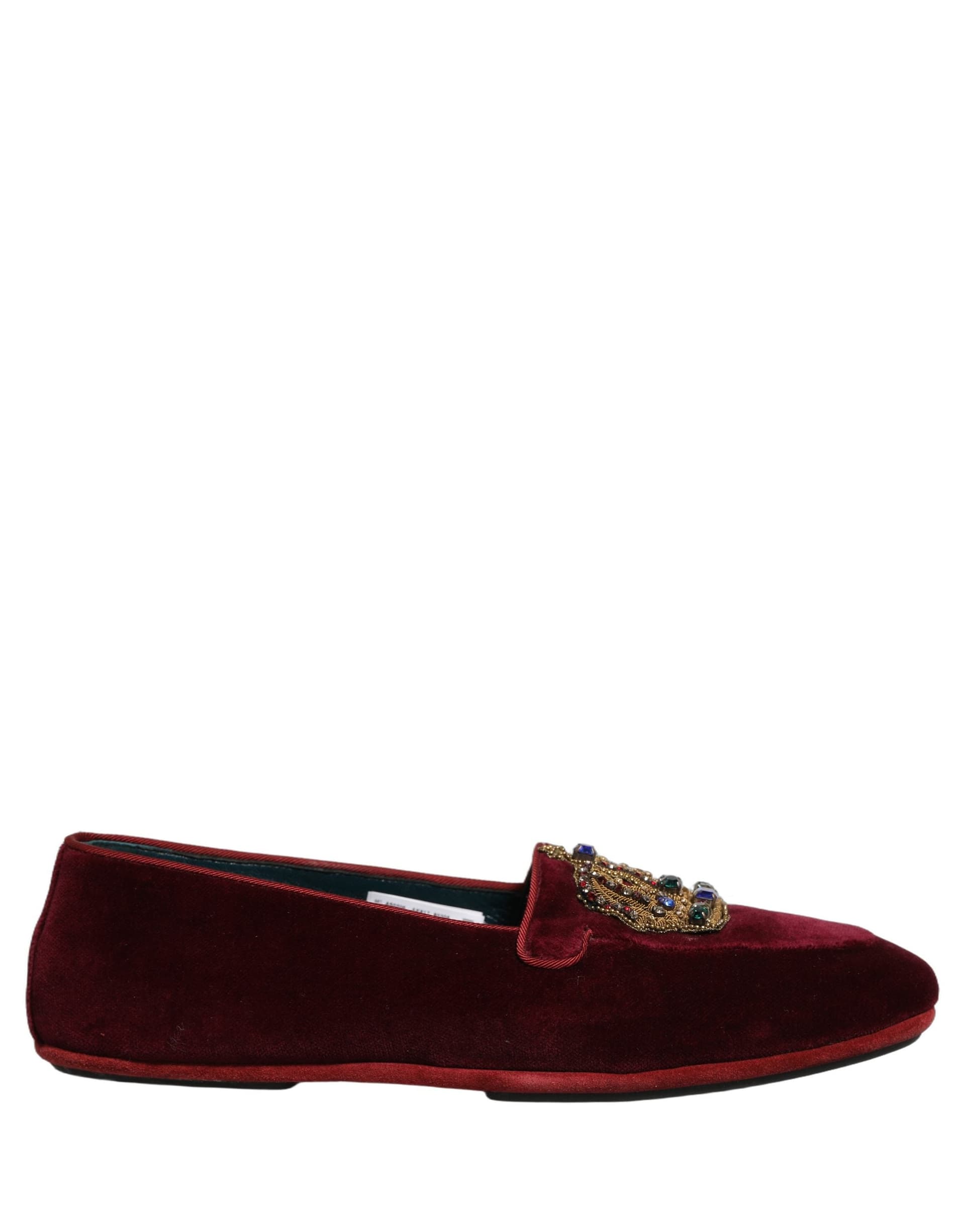 Dolce & Gabbana Burgundy Velvet Crown Slip On Loafers Shoes - 7