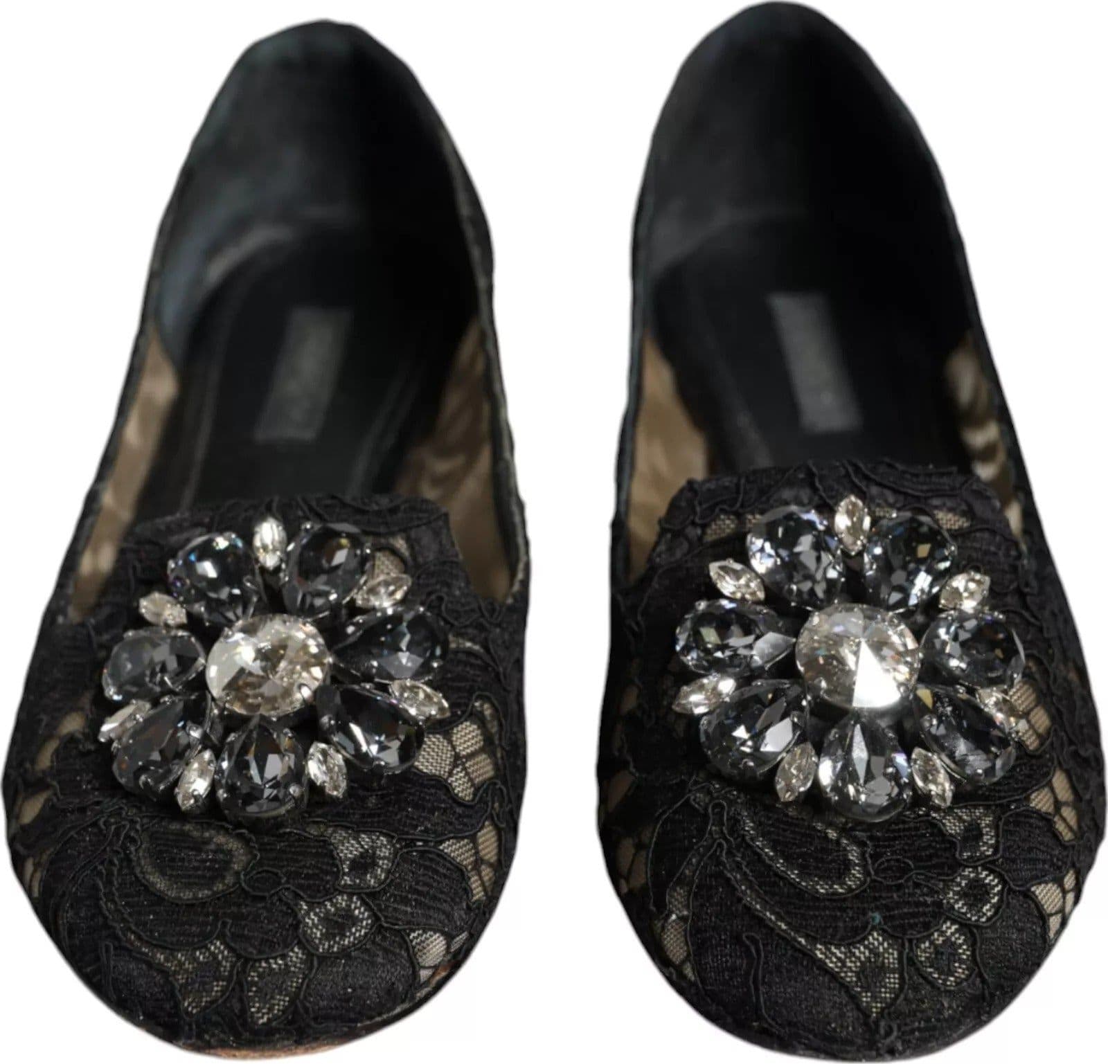 Dolce & Gabbana Black Lace Crystal Ballet Flats Loafer Shoes - 3