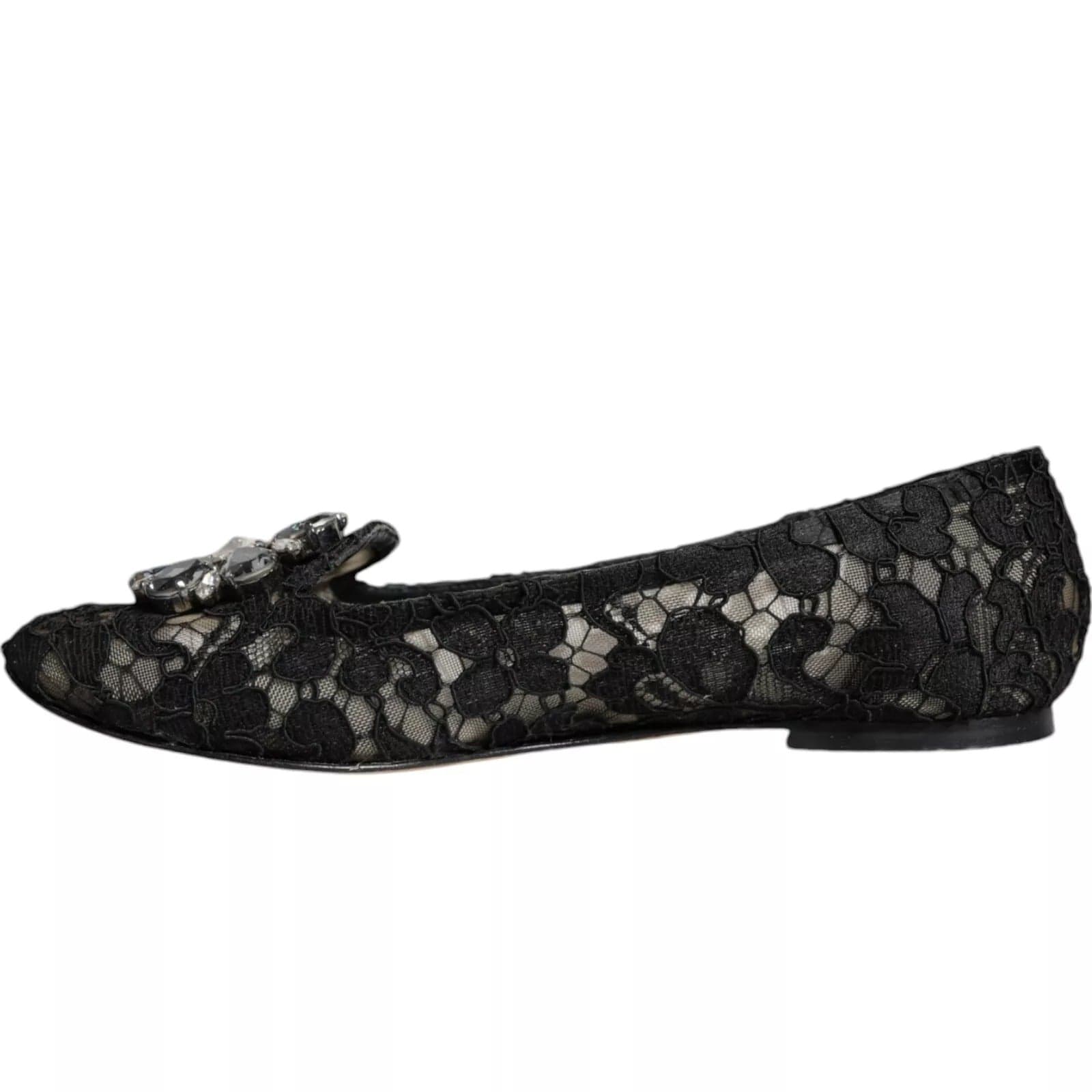 Dolce & Gabbana Black Lace Crystal Ballet Flats Loafer Shoes - 8