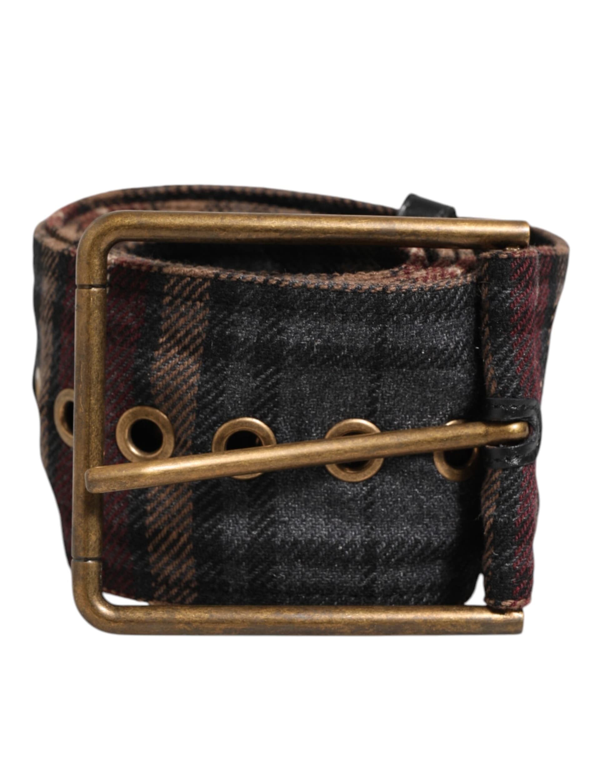 Dolce & Gabbana Plaid Fabric Logo Plate Brass Buckle Belt - 2