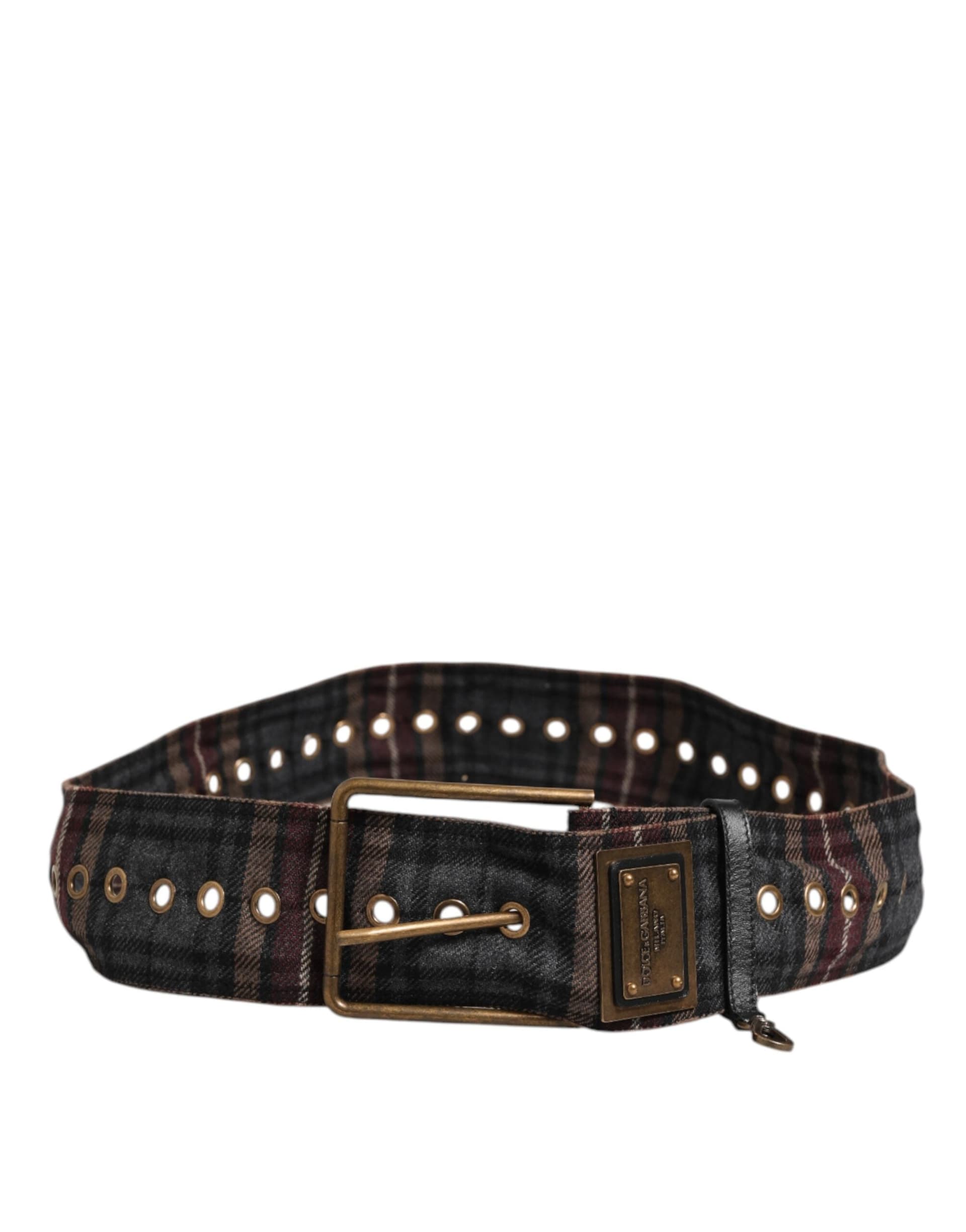 Dolce & Gabbana Plaid Fabric Logo Plate Brass Buckle Belt - 4