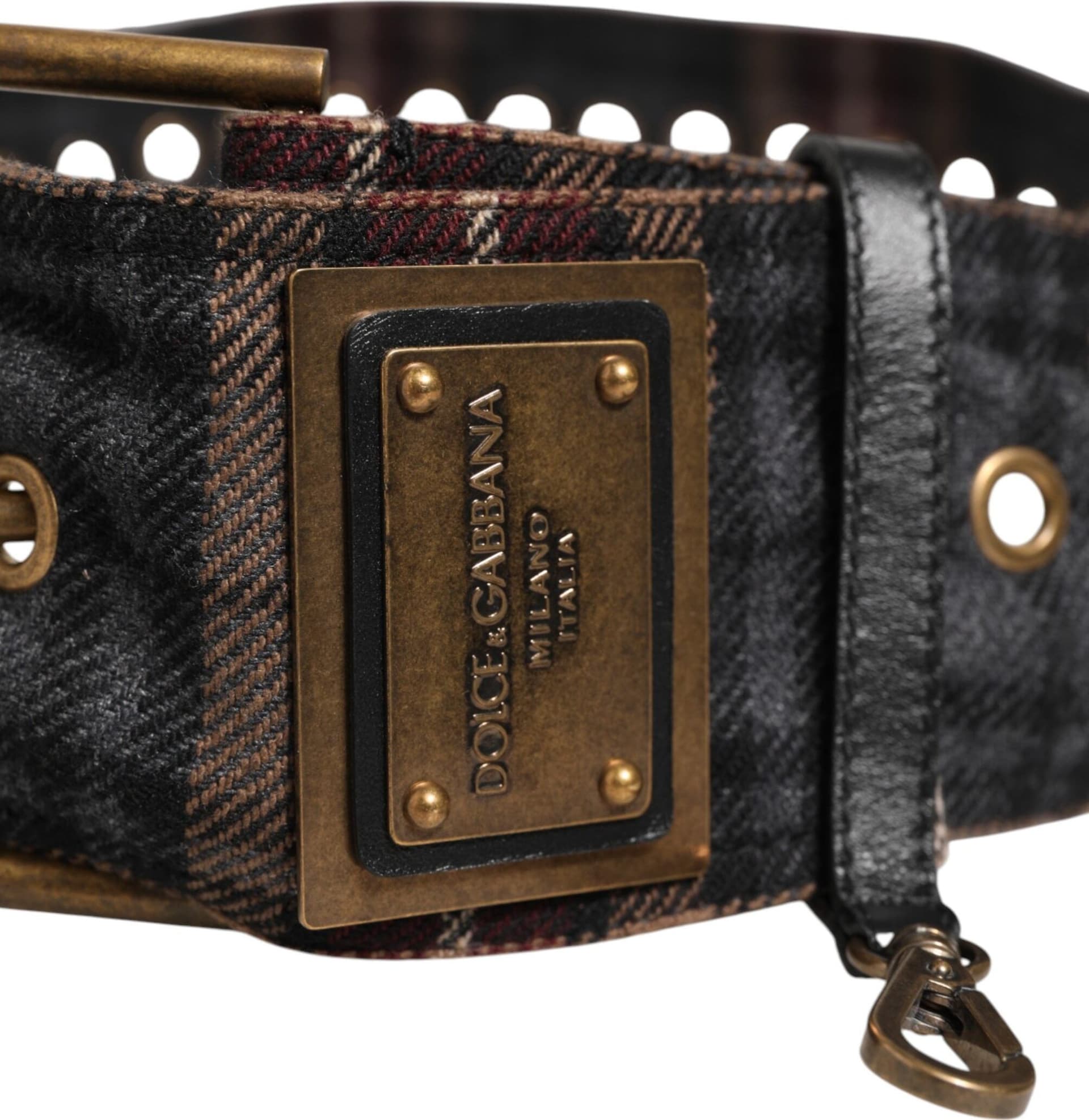 Dolce & Gabbana Plaid Fabric Logo Plate Brass Buckle Belt - 5