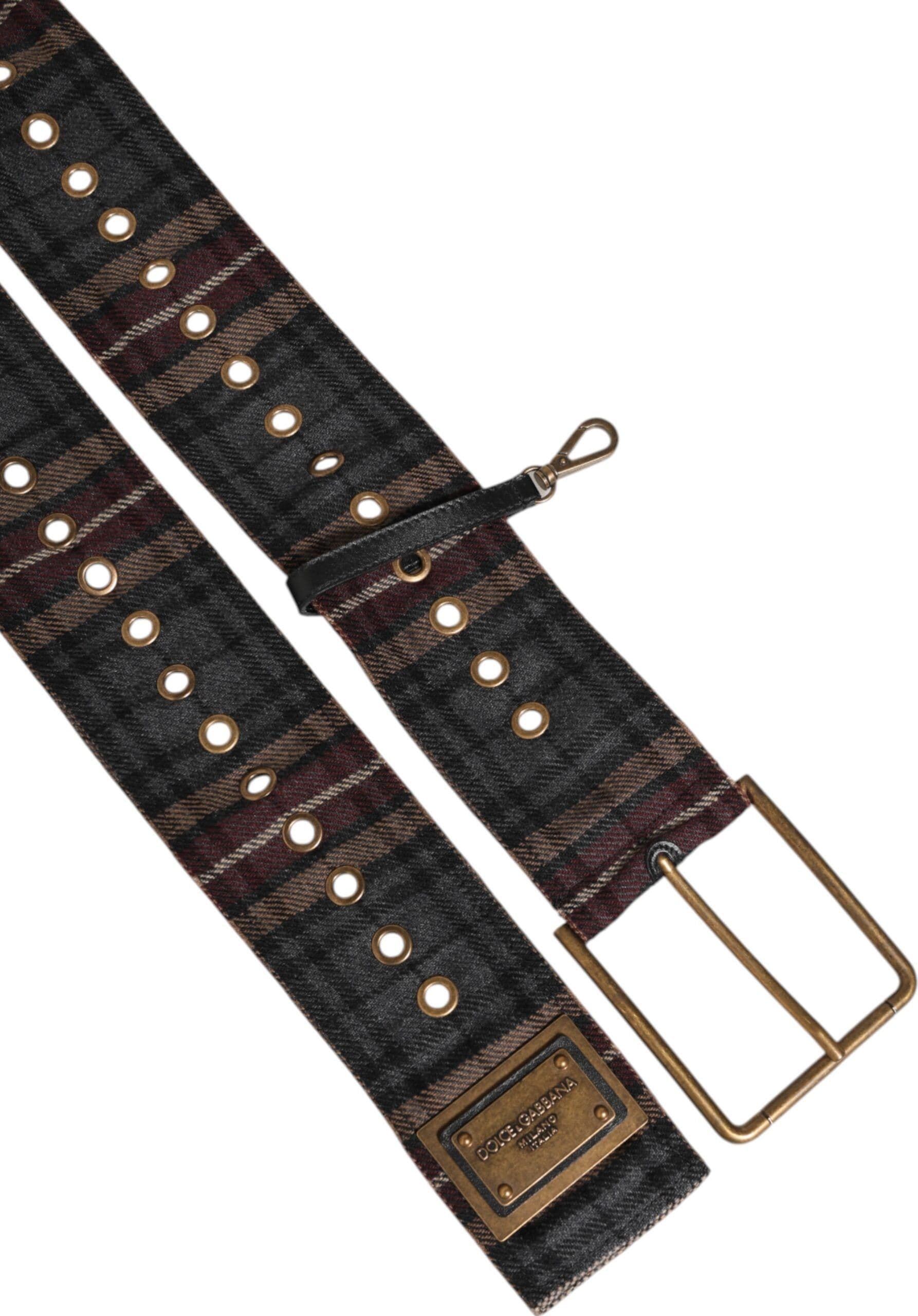 Dolce & Gabbana Plaid Fabric Logo Plate Brass Buckle Belt - 6