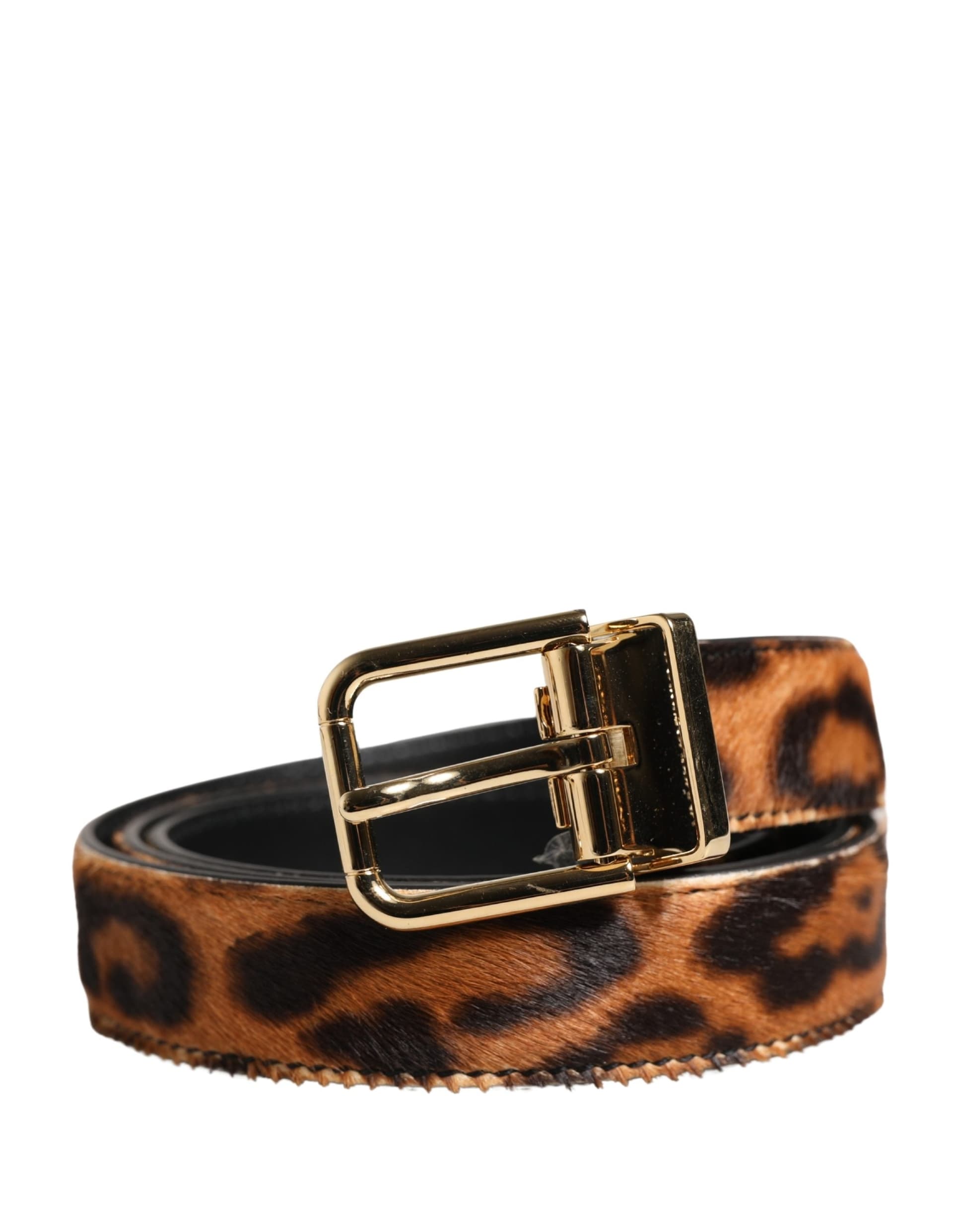 Dolce & Gabbana Brown Calf Fur Leopard Metal Buckle Belt - 2