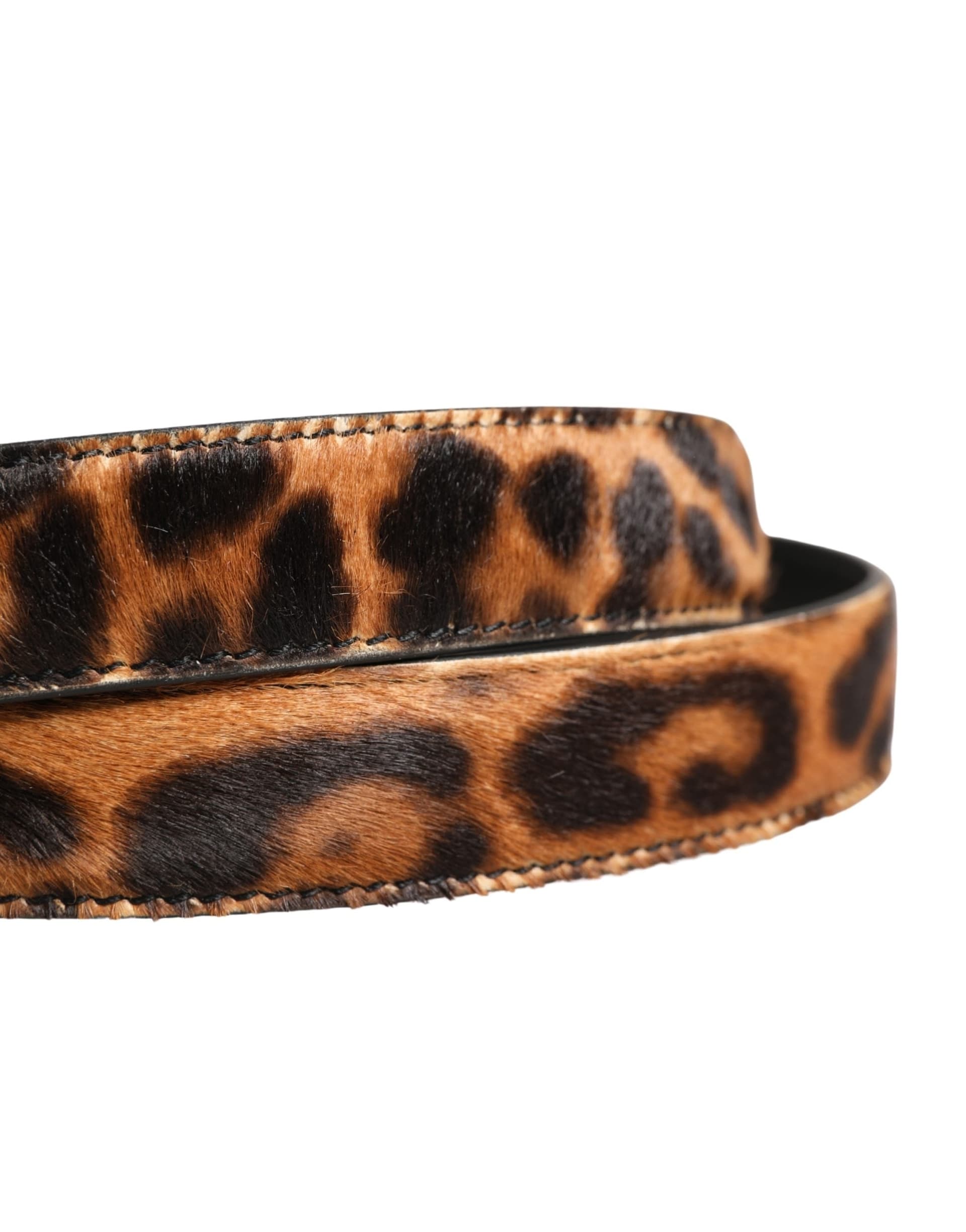 Dolce & Gabbana Brown Calf Fur Leopard Metal Buckle Belt - 5