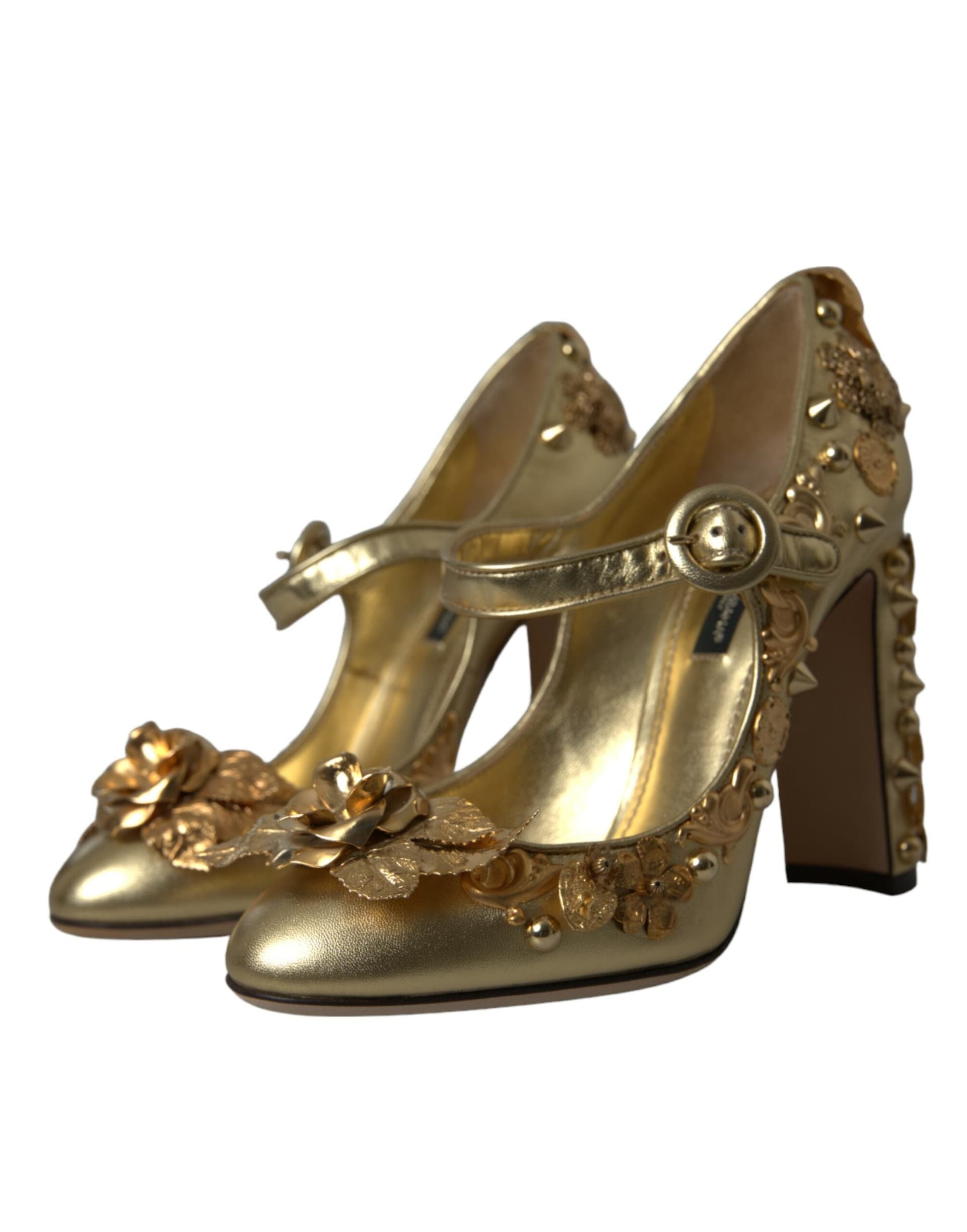 Dolce & Gabbana Gold Leather Crystal Mary Janes Pumps Shoes - 2
