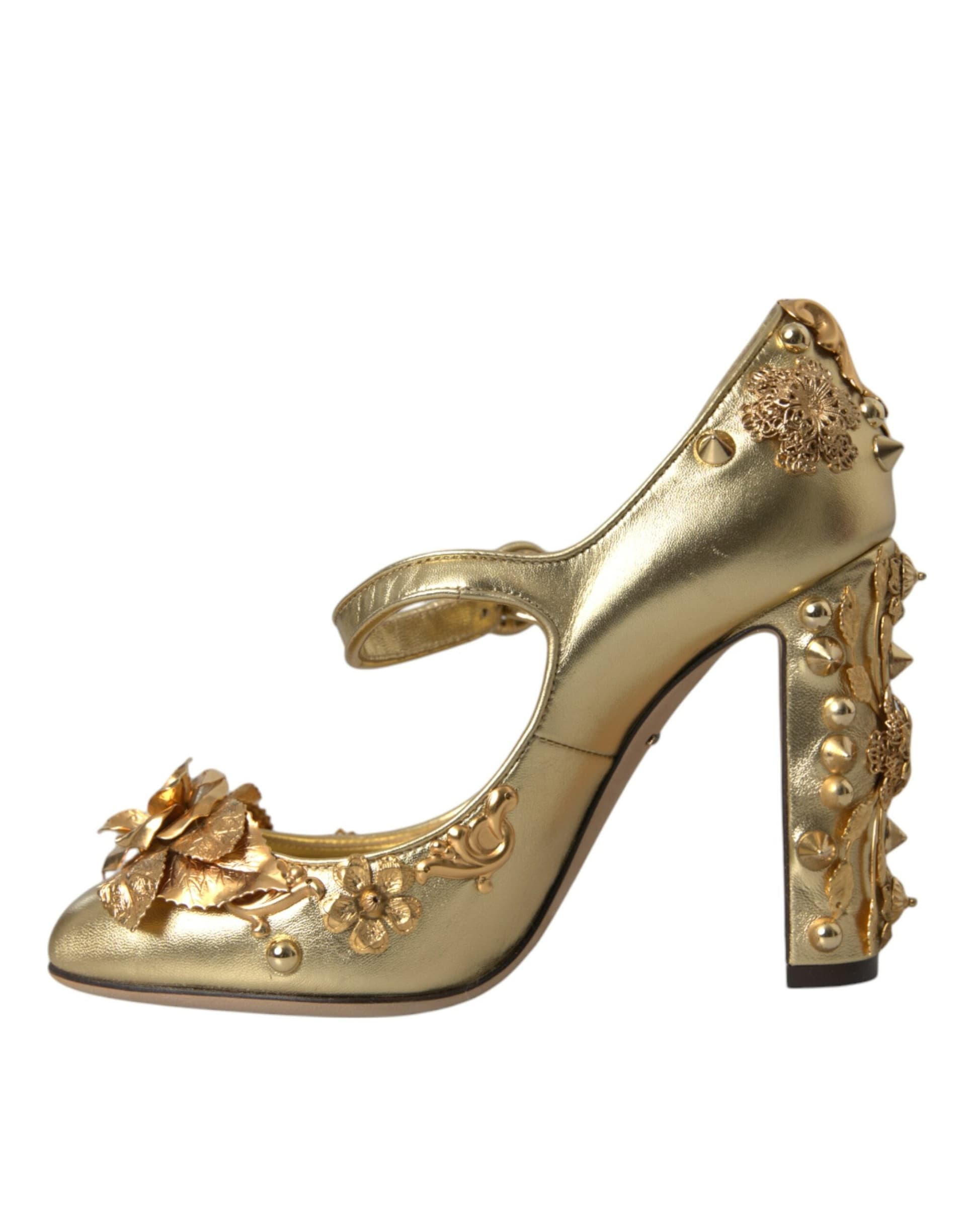 Dolce & Gabbana Gold Leather Crystal Mary Janes Pumps Shoes - 4
