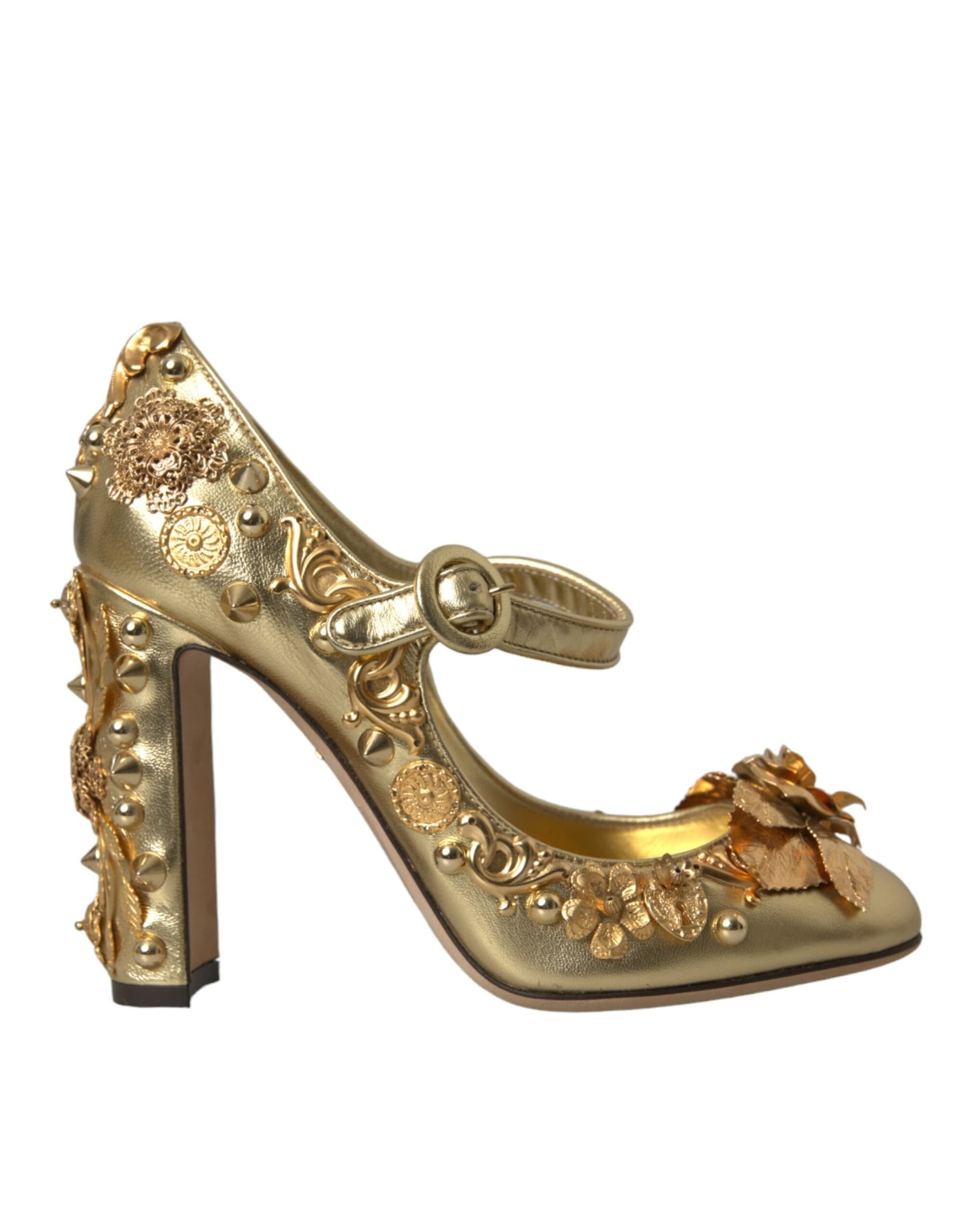 Dolce & Gabbana Gold Leather Crystal Mary Janes Pumps Shoes - 5