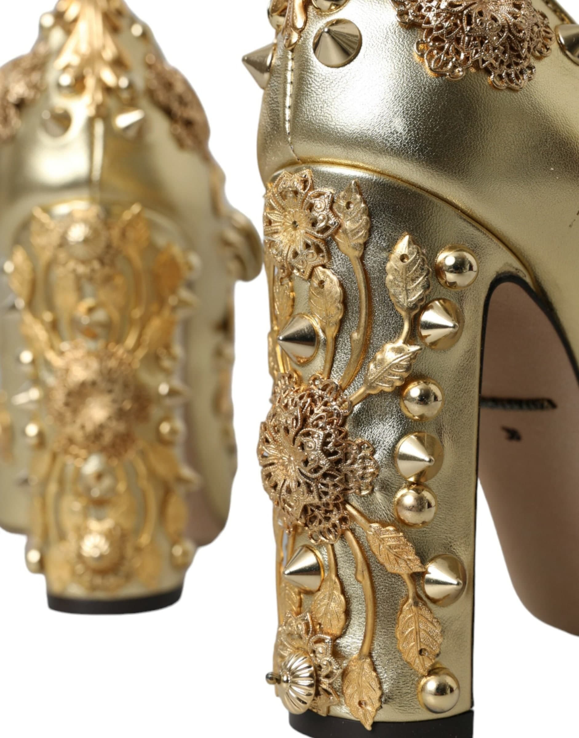 Dolce & Gabbana Gold Leather Crystal Mary Janes Pumps Shoes - 7