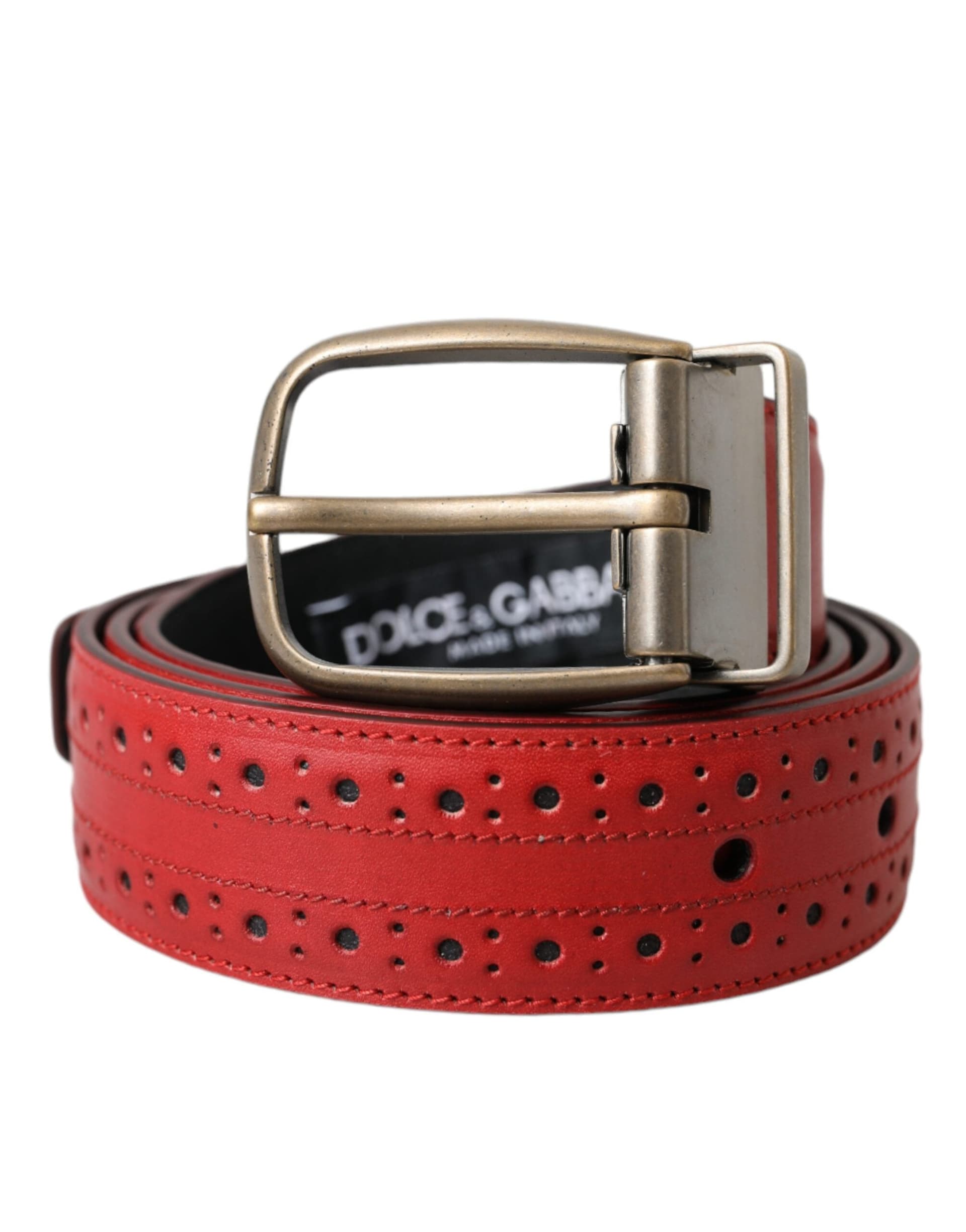 Dolce & Gabbana Red Perforated Leather Metal Buckle Belt Men - 2